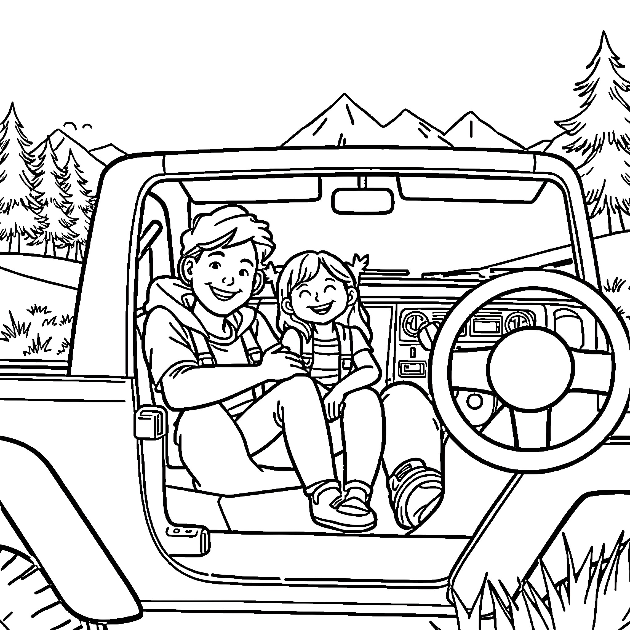 Family road trip in the mountains Coloring Page (free black-and-white line drawing printable PDF for all, from beginners to advanced learners, including children, teens, adults, and seniors)
