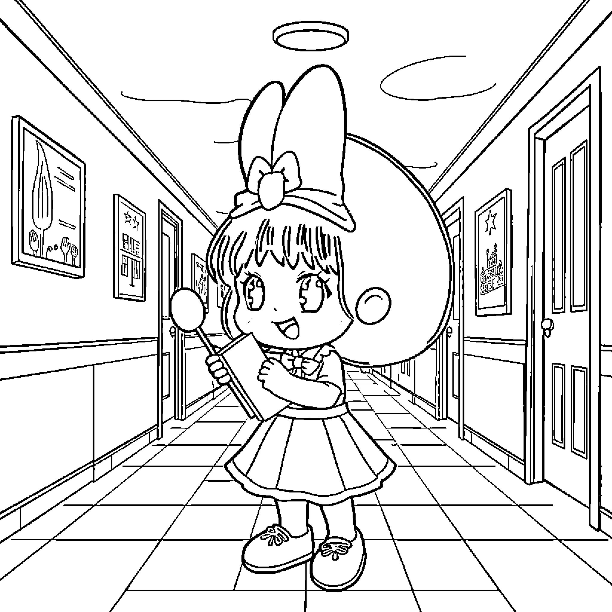 My Melody Exploring the Hallway Coloring Page (free black-and-white line drawing printable PDF for all, from beginners to advanced learners, including children, teens, adults, and seniors)