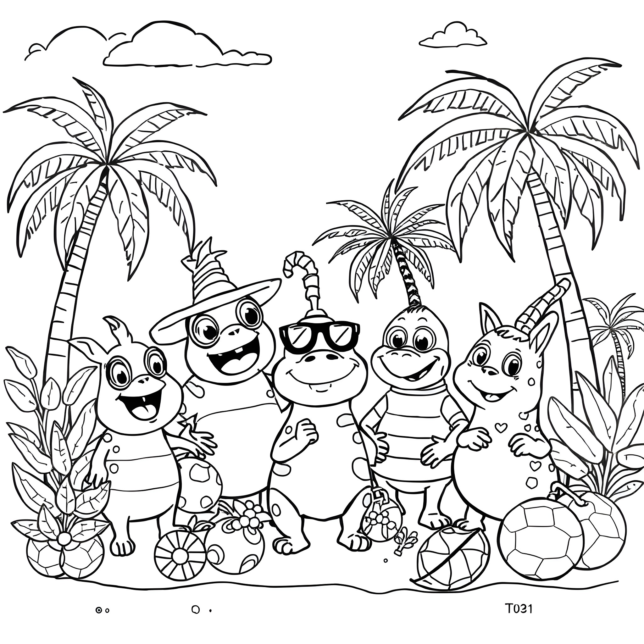 Experiment with Cartoon Characters Playing in Tropical Paradise Coloring Page (free black-and-white line drawing printable PDF for all, from beginners to advanced learners, including children, teens, adults, and seniors)
