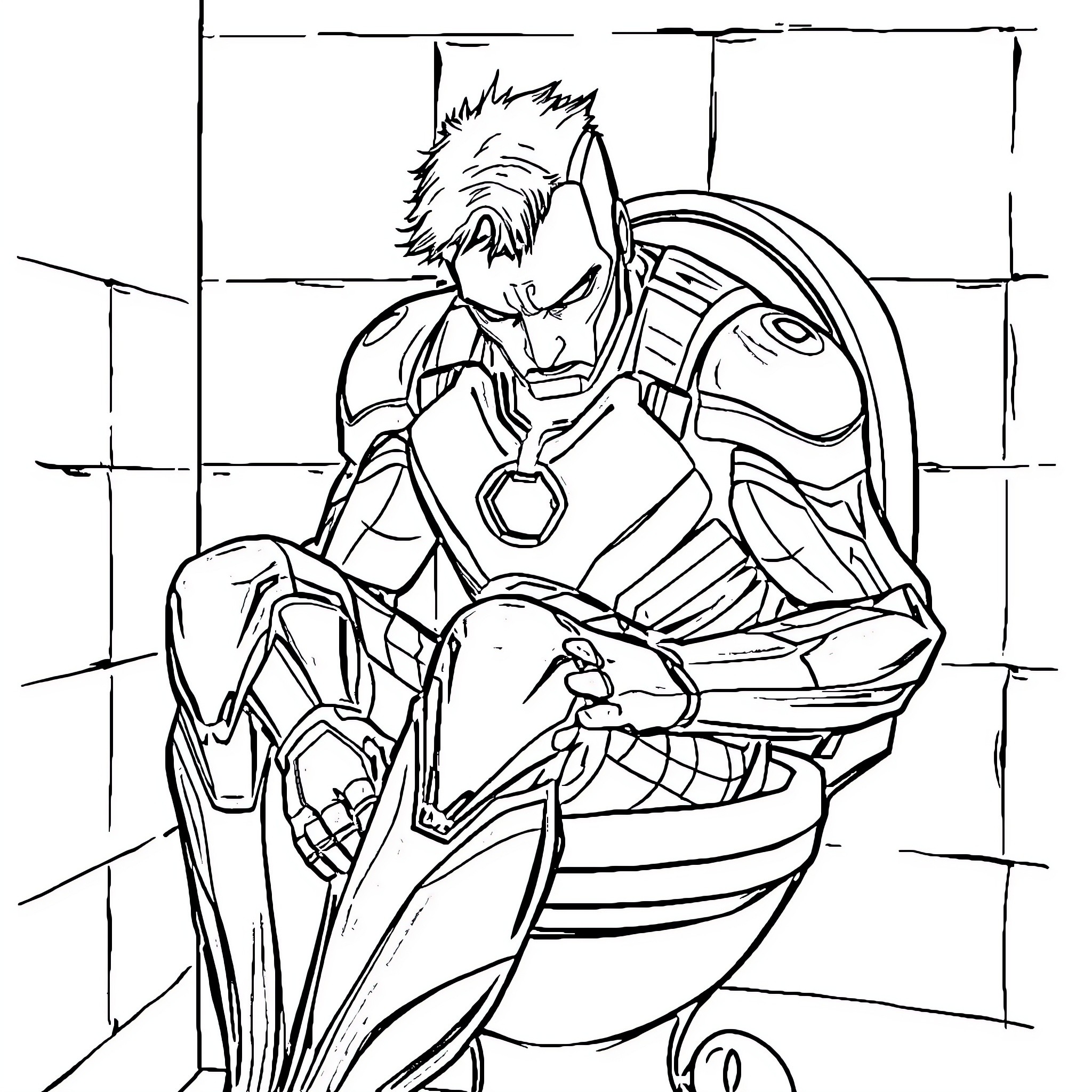 Ironman character in action pose with technological armor Coloring Page (free black-and-white line drawing printable PDF for all, from beginners to advanced learners, including children, teens, adults, and seniors)