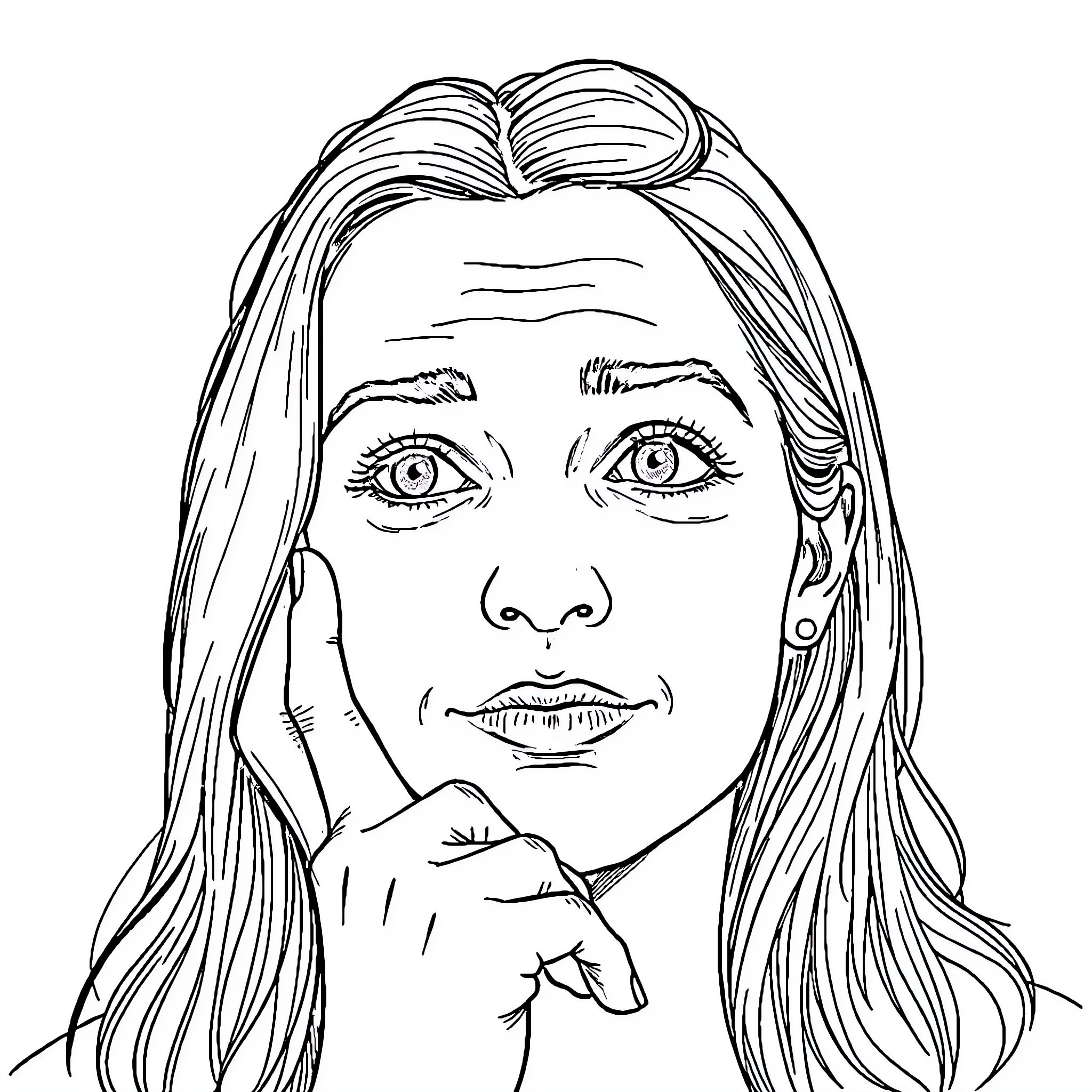 Self Portrait of a Thoughtful Woman Coloring Page (free black-and-white line drawing printable PDF for all, from beginners to advanced learners, including children, teens, adults, and seniors)