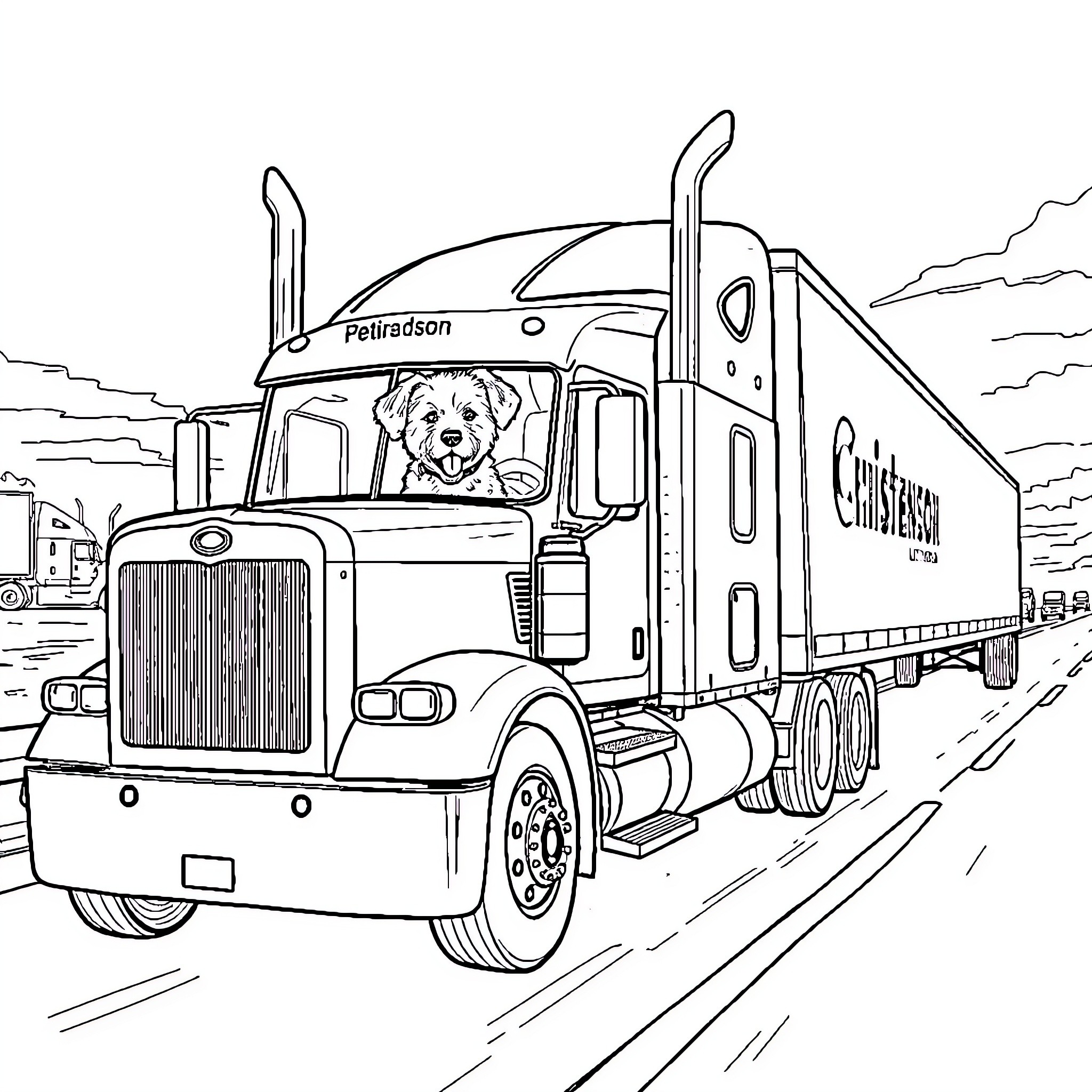 Dog driving big rig truck on the highway Coloring Page (free black-and-white line drawing printable PDF for all, from beginners to advanced learners, including children, teens, adults, and seniors)