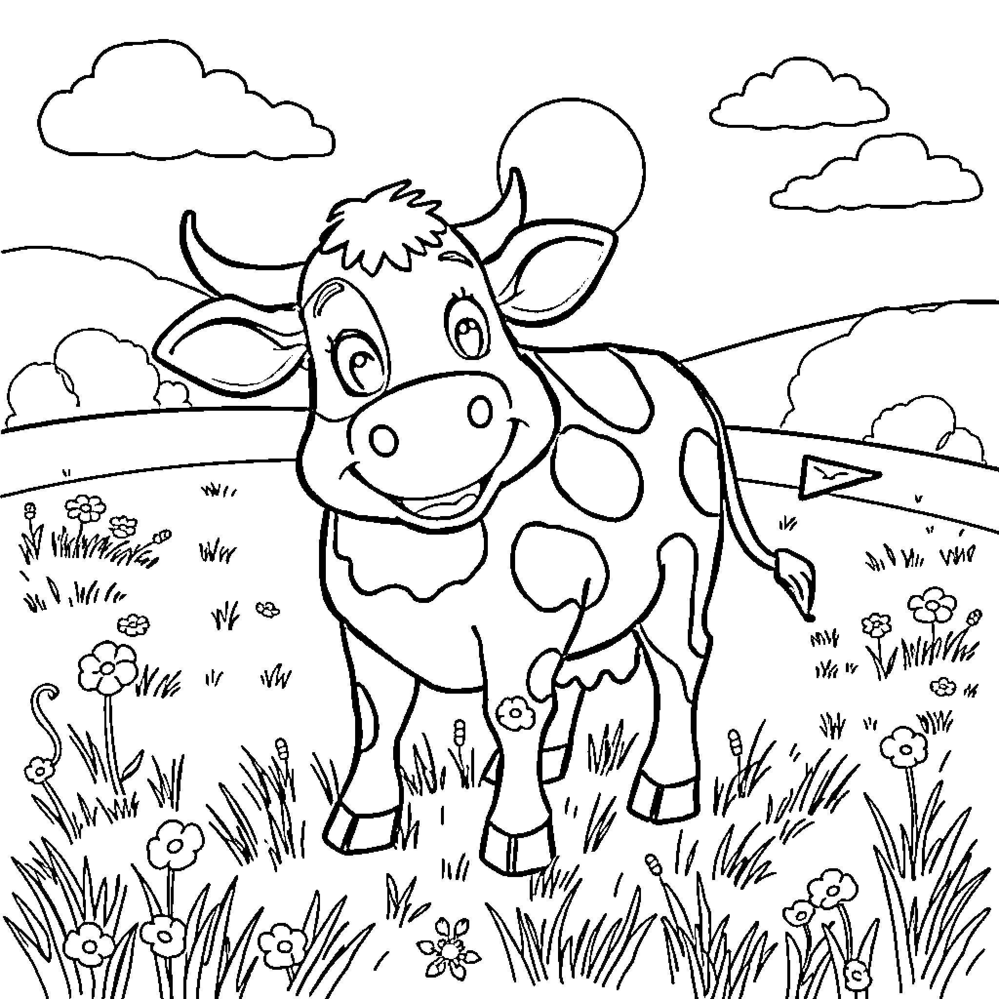 Lola the Happy Cow Frolicking in the Meadow Coloring Page (free black-and-white line drawing printable PDF for all, from beginners to advanced learners, including children, teens, adults, and seniors)