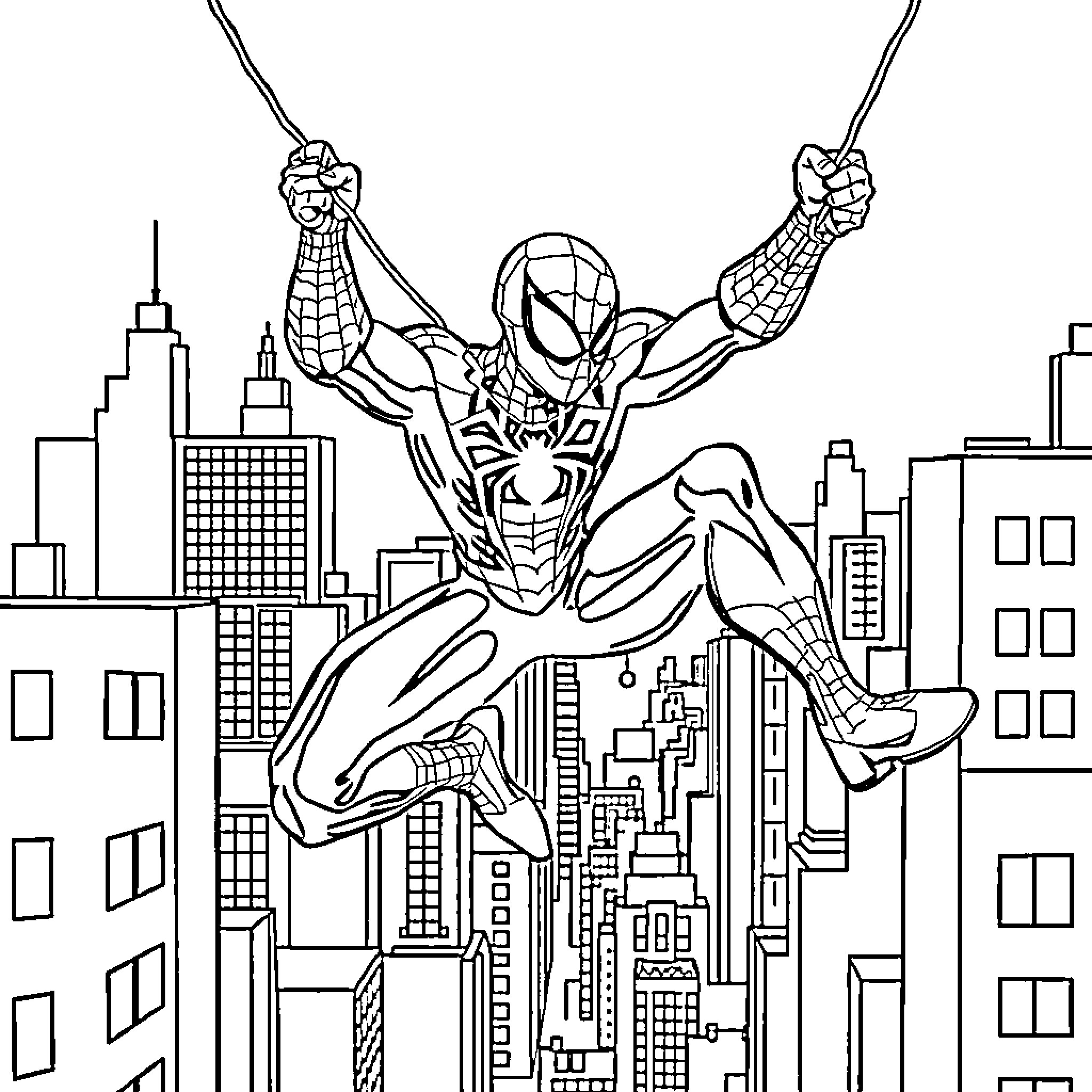 Spidey swinging through the city skyline Coloring Page (free black-and-white line drawing printable PDF for all, from beginners to advanced learners, including children, teens, adults, and seniors)