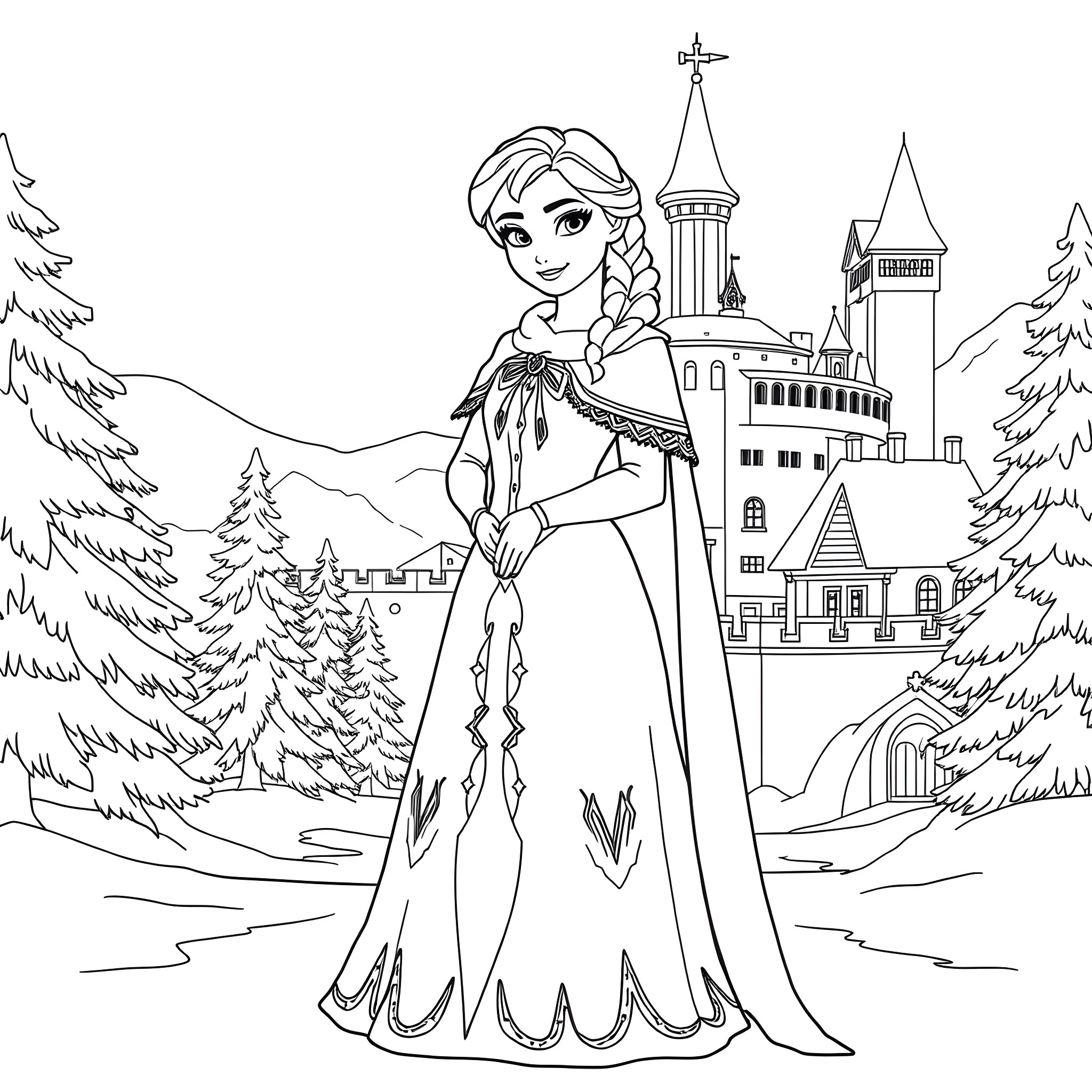 Anna in a winter castle scene Coloring Page (free black-and-white line drawing printable PDF for all, from beginners to advanced learners, including children, teens, adults, and seniors)