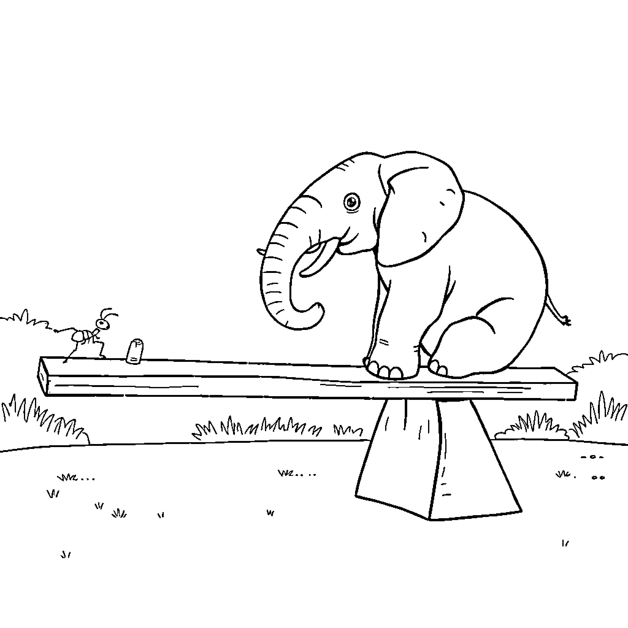 Ant and Elephant Enjoying Outdoor Adventure Coloring Page (free black-and-white line drawing printable PDF for all, from beginners to advanced learners, including children, teens, adults, and seniors)