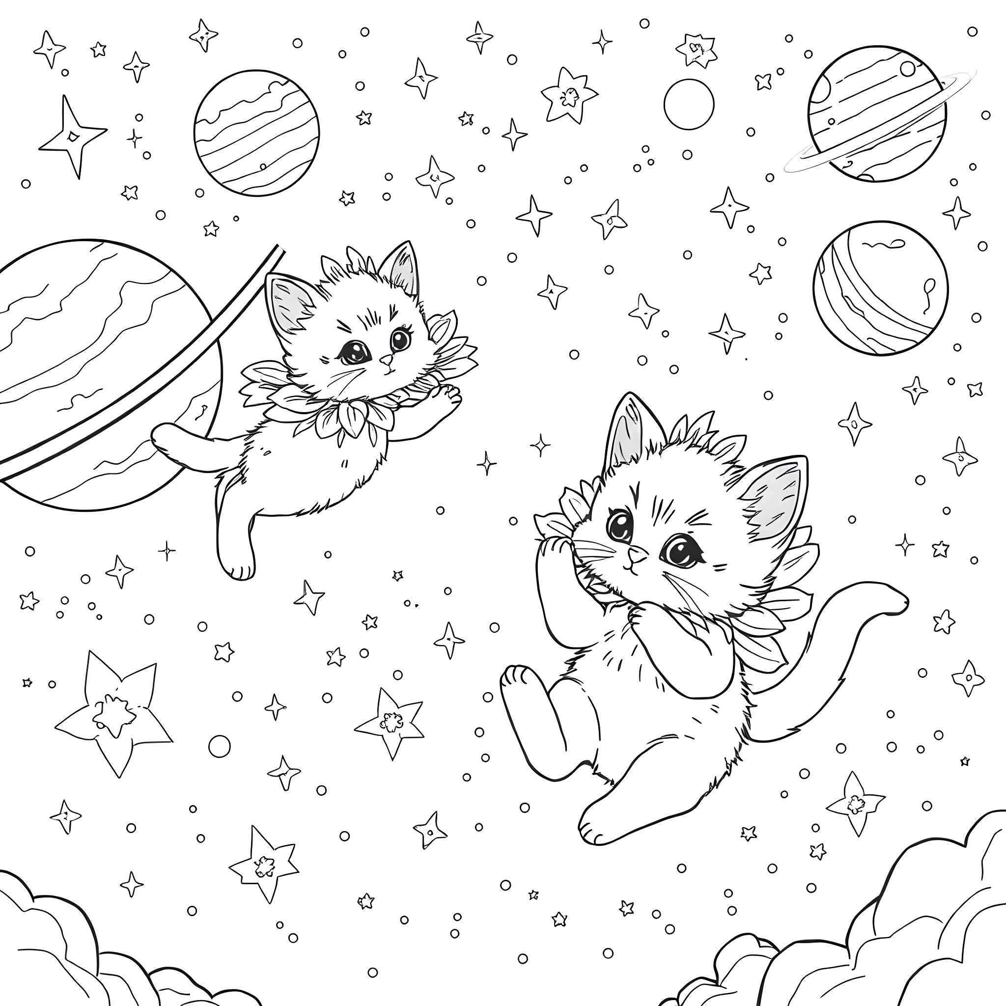 Cats in the Cosmic Wonderland Coloring Page (free black-and-white line drawing printable PDF for all, from beginners to advanced learners, including children, teens, adults, and seniors)