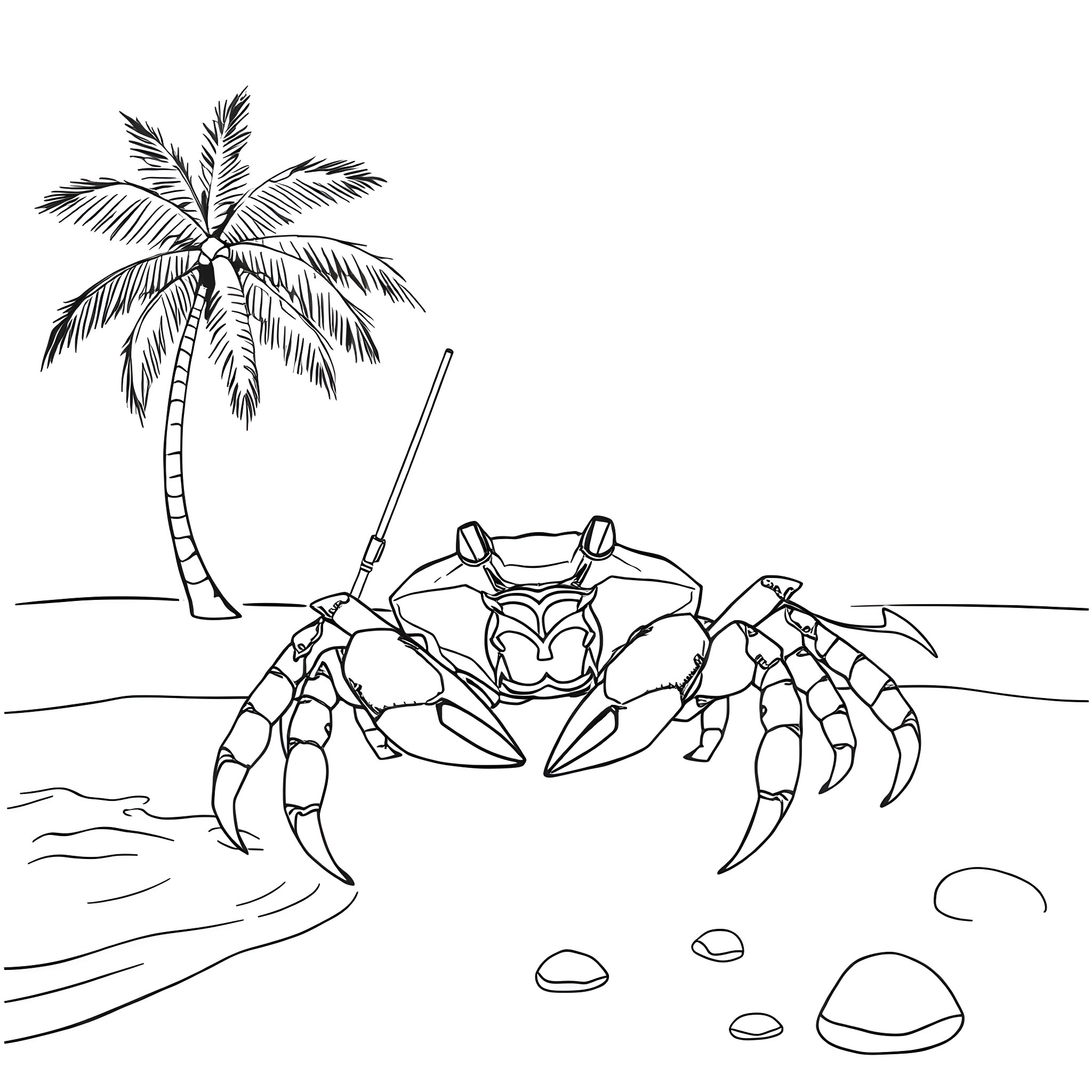Crab crawling on beach near palm tree Coloring Page (free black-and-white line drawing printable PDF for all, from beginners to advanced learners, including children, teens, adults, and seniors)