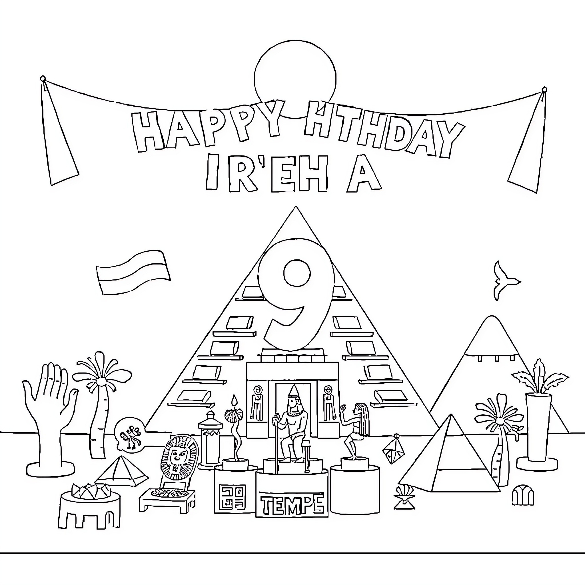 Egypt Happy Birthday Banner and Ancient Artifacts Coloring Page (free black-and-white line drawing printable PDF for all, from beginners to advanced learners, including children, teens, adults, and seniors)