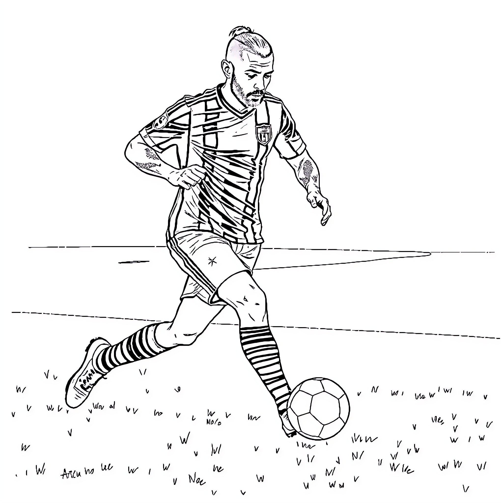Arturo Vidal running with soccer ball on field Coloring Page (free black-and-white line drawing printable PDF for all, from beginners to advanced learners, including children, teens, adults, and seniors)