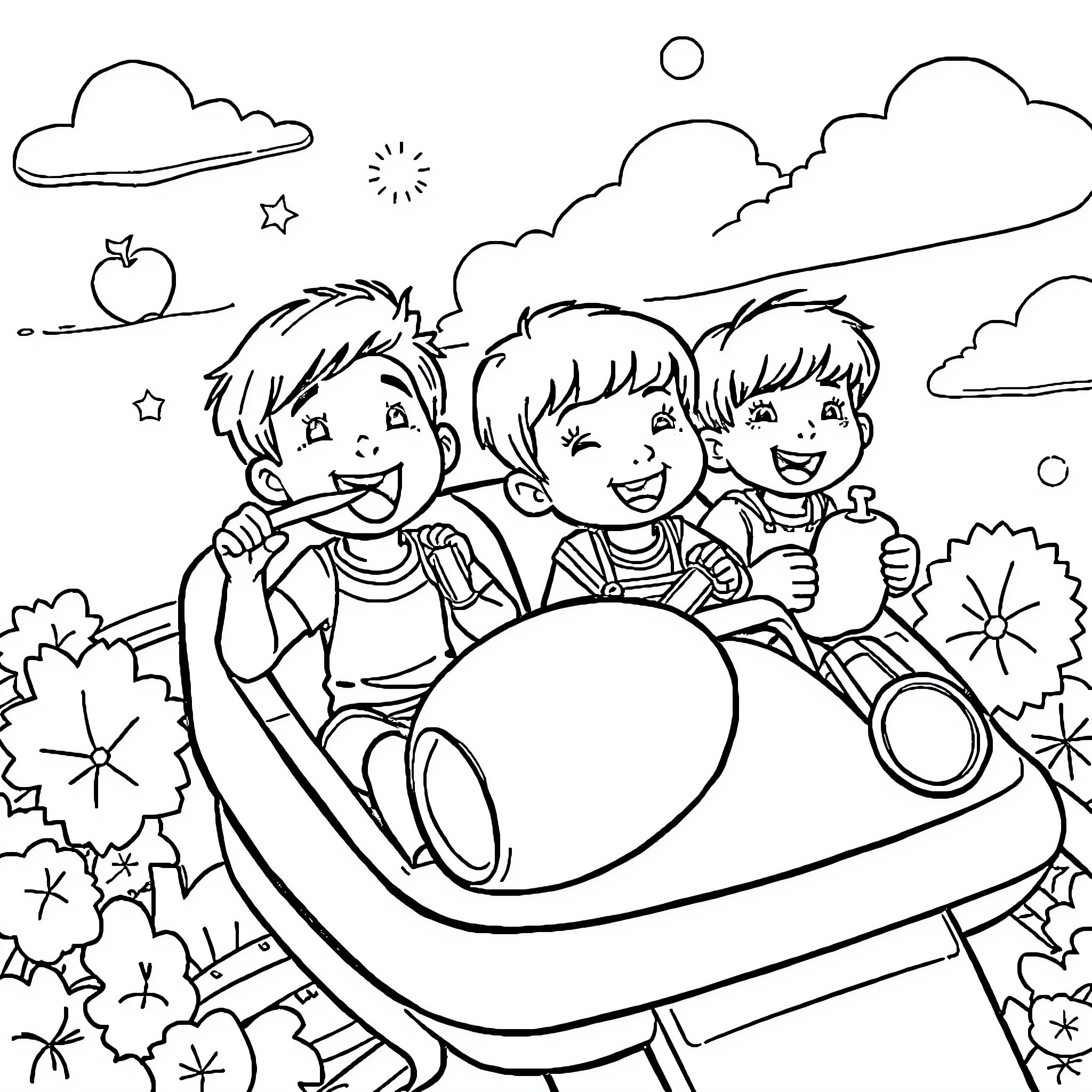 Child Playing Happily in Nature with Friends Coloring Page (free black-and-white line drawing printable PDF for all, from beginners to advanced learners, including children, teens, adults, and seniors)