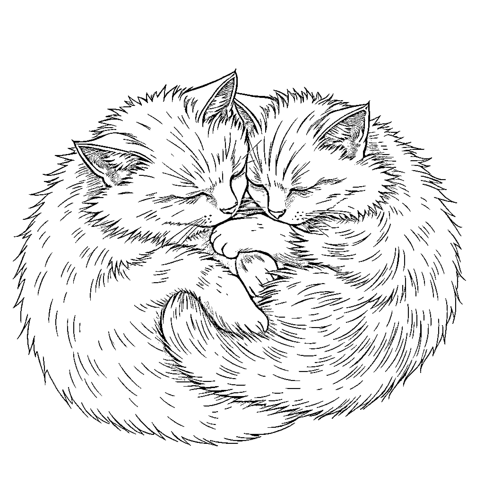 Cat napping peacefully in a cozy ball Coloring Page (free black-and-white line drawing printable PDF for all, from beginners to advanced learners, including children, teens, adults, and seniors)