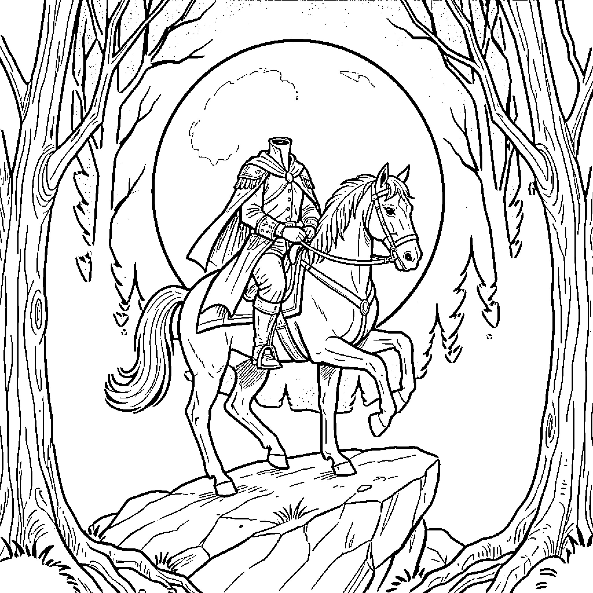 Headless Horseman riding a horse through a forest Coloring Page (free black-and-white line drawing printable PDF for all, from beginners to advanced learners, including children, teens, adults, and seniors)