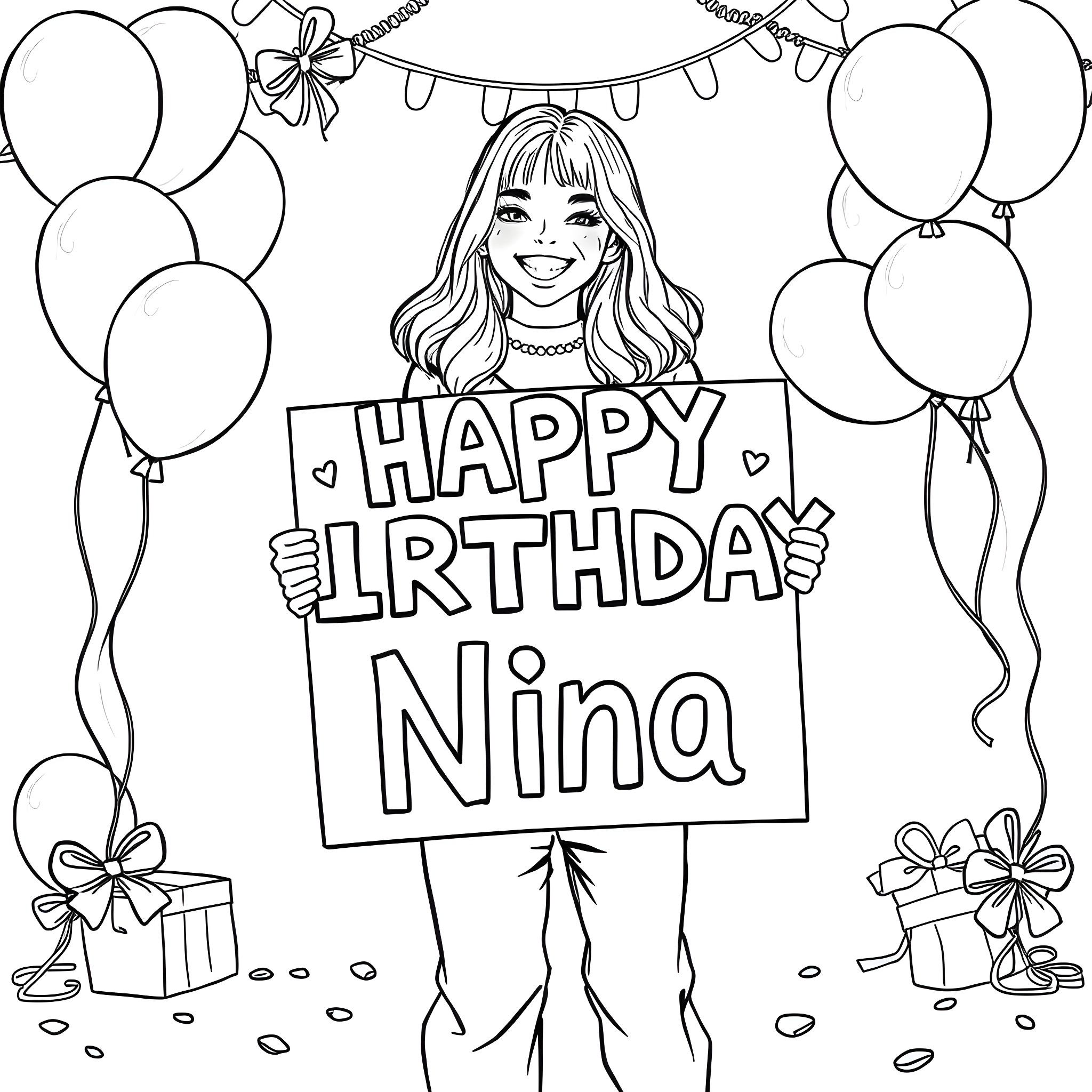 Billie Eilish celebrates birthday with cheerful party Coloring Page (free black-and-white line drawing printable PDF for all, from beginners to advanced learners, including children, teens, adults, and seniors)