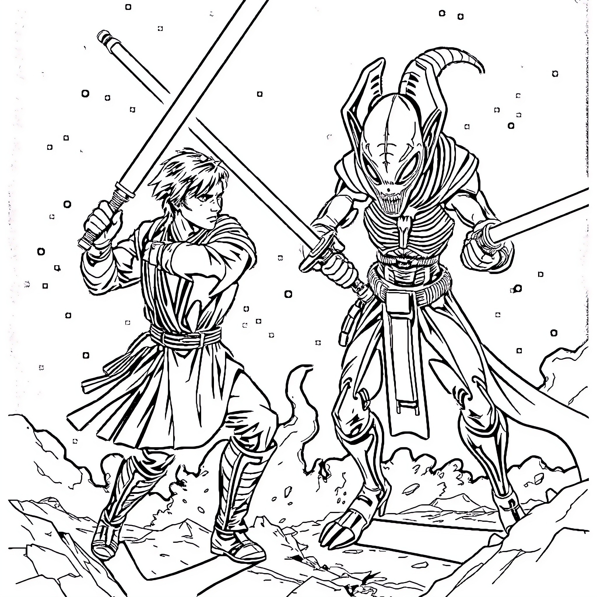 Lightsaber duel between heroic warriors in epic battle Coloring Page (free black-and-white line drawing printable PDF for all, from beginners to advanced learners, including children, teens, adults, and seniors)