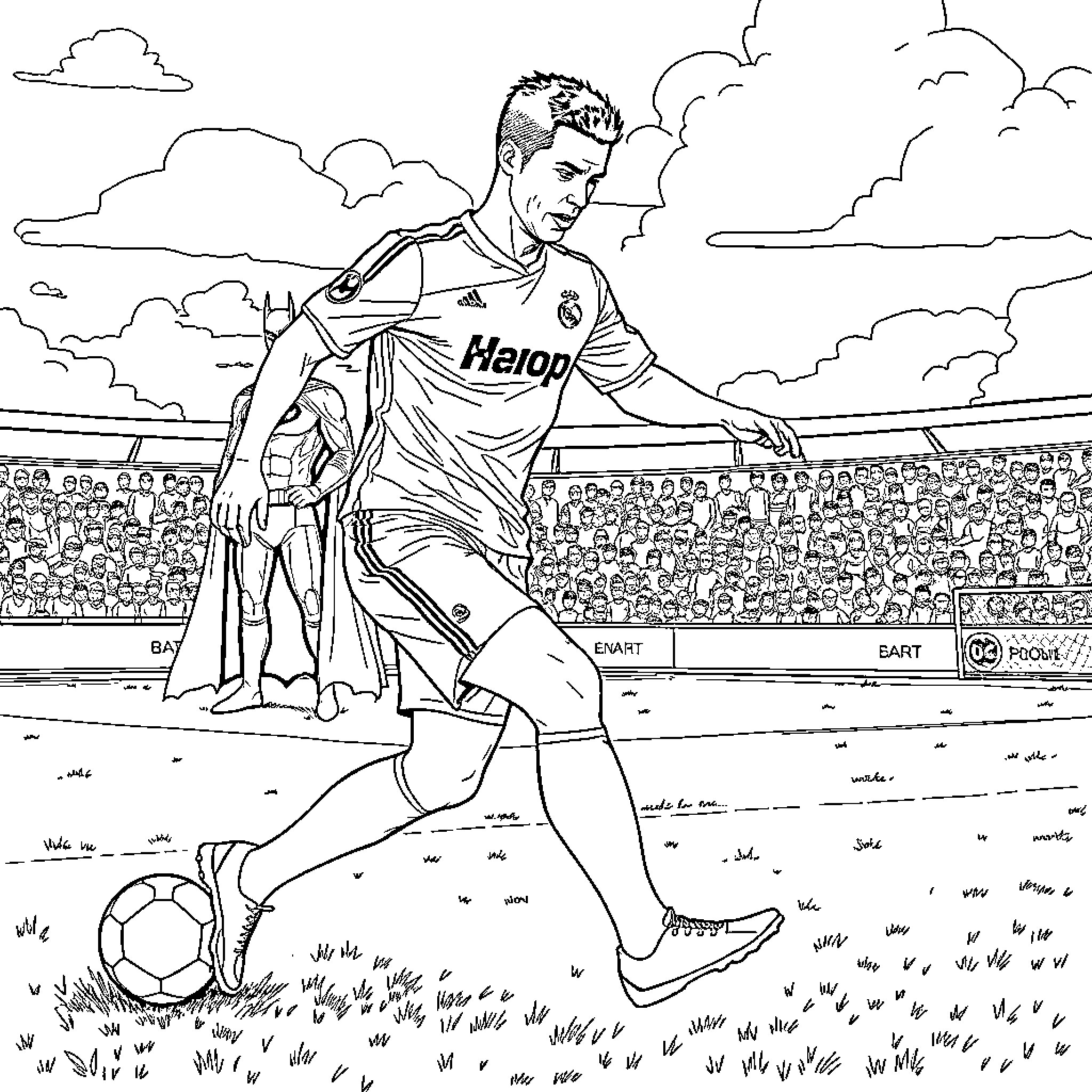 Cristiano Ronaldo playing football on the field Coloring Page (free black-and-white line drawing printable PDF for all, from beginners to advanced learners, including children, teens, adults, and seniors)
