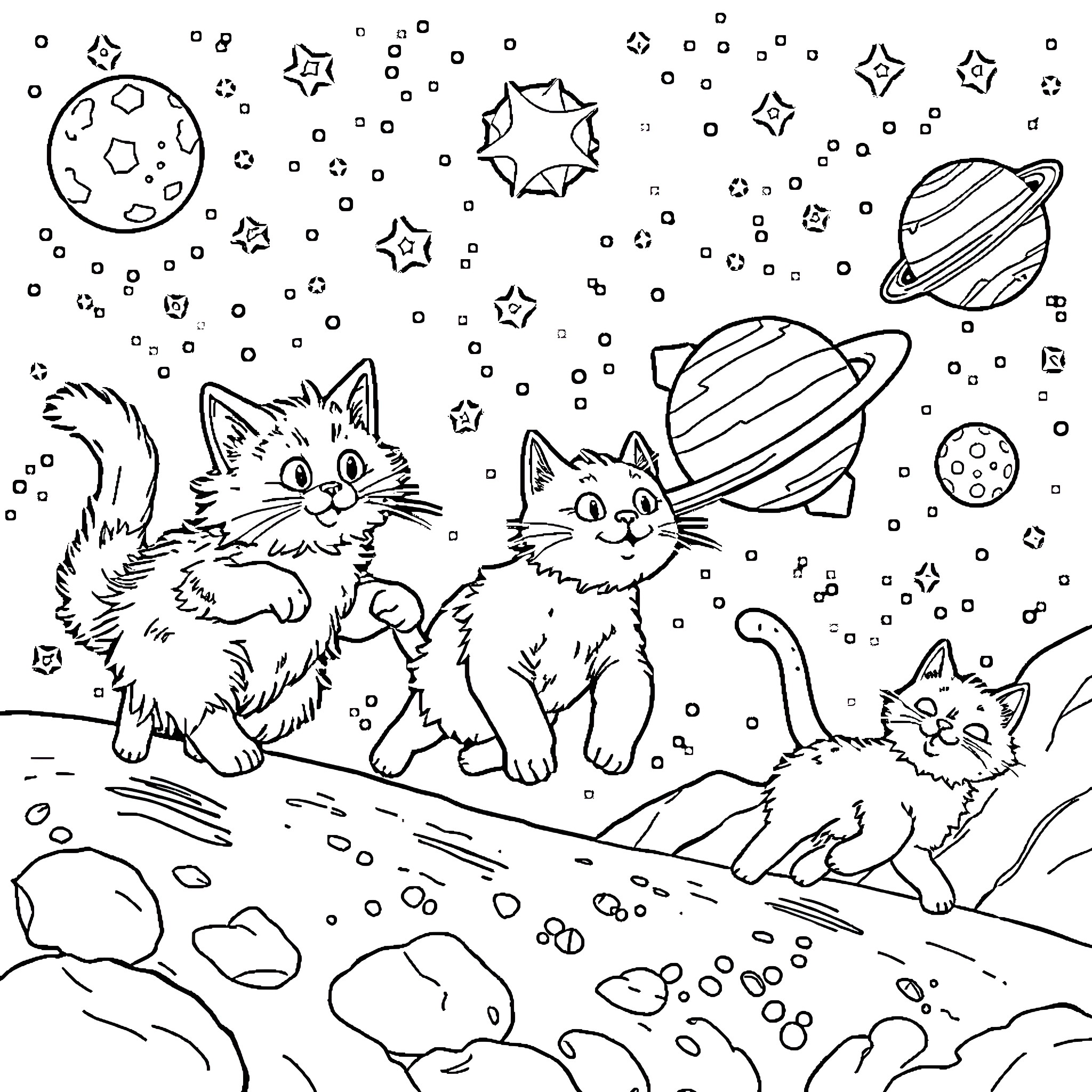 Cats exploring the galactic night sky Coloring Page (free black-and-white line drawing printable PDF for all, from beginners to advanced learners, including children, teens, adults, and seniors)