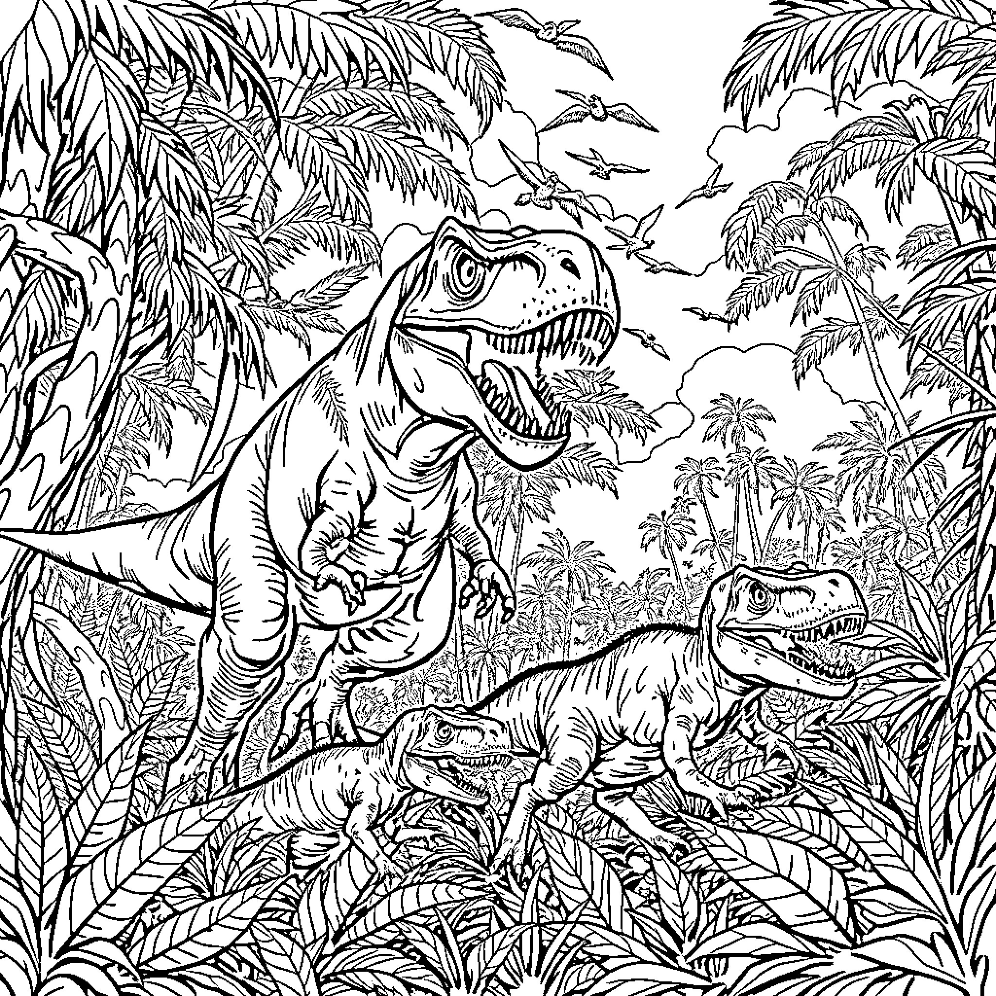 Tyrannosaurus Exploring the Jurassic Landscape Coloring Page (free black-and-white line drawing printable PDF for all, from beginners to advanced learners, including children, teens, adults, and seniors)