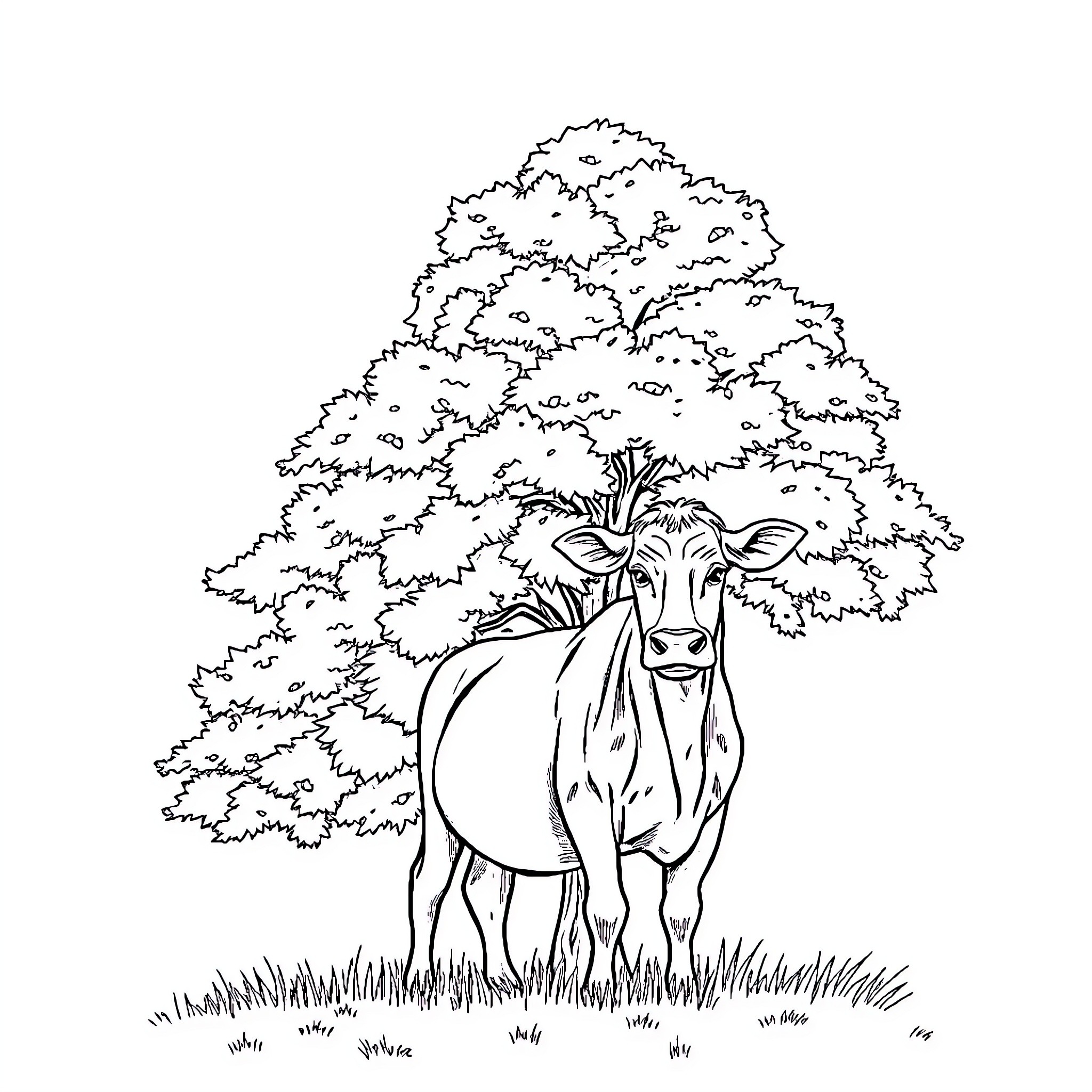 Cow standing amidst lush foliage Coloring Page (free black-and-white line drawing printable PDF for all, from beginners to advanced learners, including children, teens, adults, and seniors)