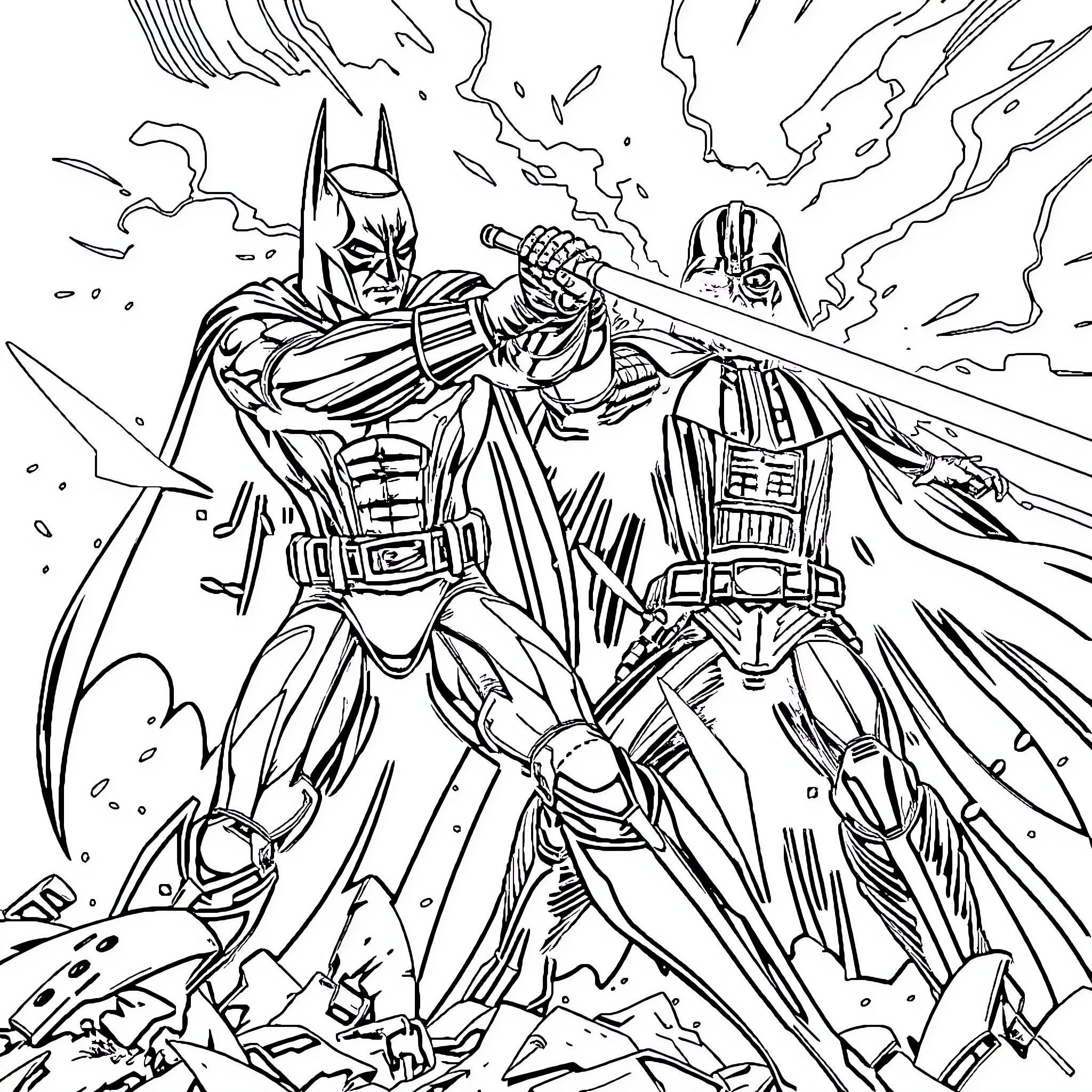 Batman battling a powerful foe in an intense confrontation Coloring Page (free black-and-white line drawing printable PDF for all, from beginners to advanced learners, including children, teens, adults, and seniors)