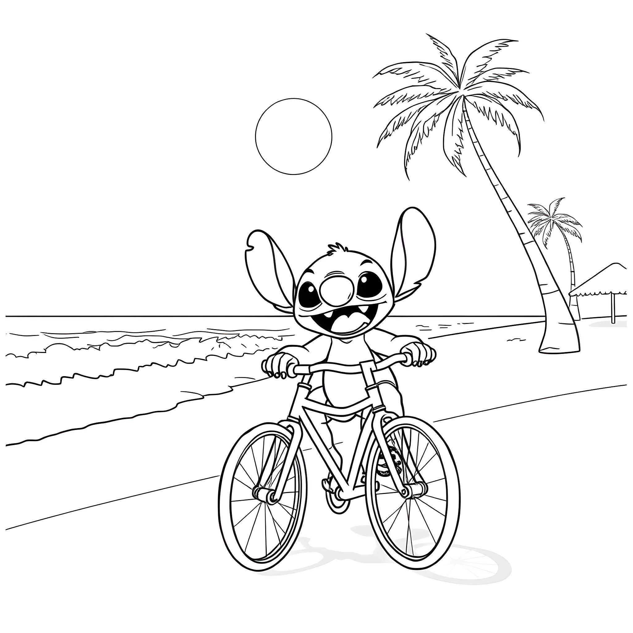 Stitch riding a bicycle on the beach Coloring Page (free black-and-white line drawing printable PDF for all, from beginners to advanced learners, including children, teens, adults, and seniors)