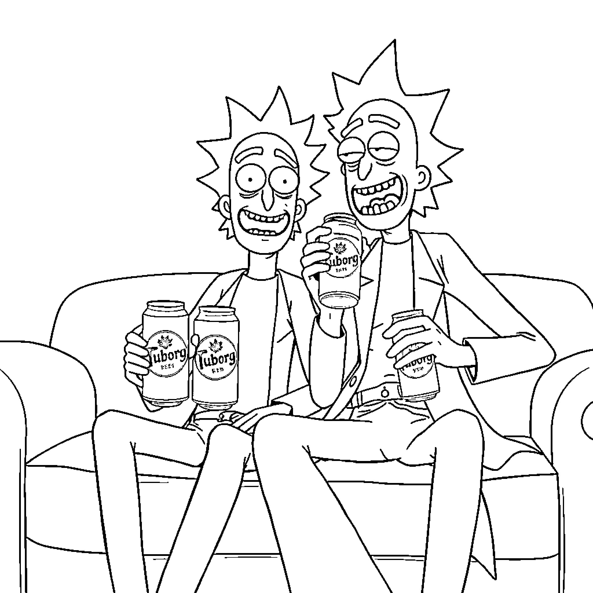 Rick And Morty Enjoying Drinks and Laughing Together Coloring Page (free black-and-white line drawing printable PDF for all, from beginners to advanced learners, including children, teens, adults, and seniors)