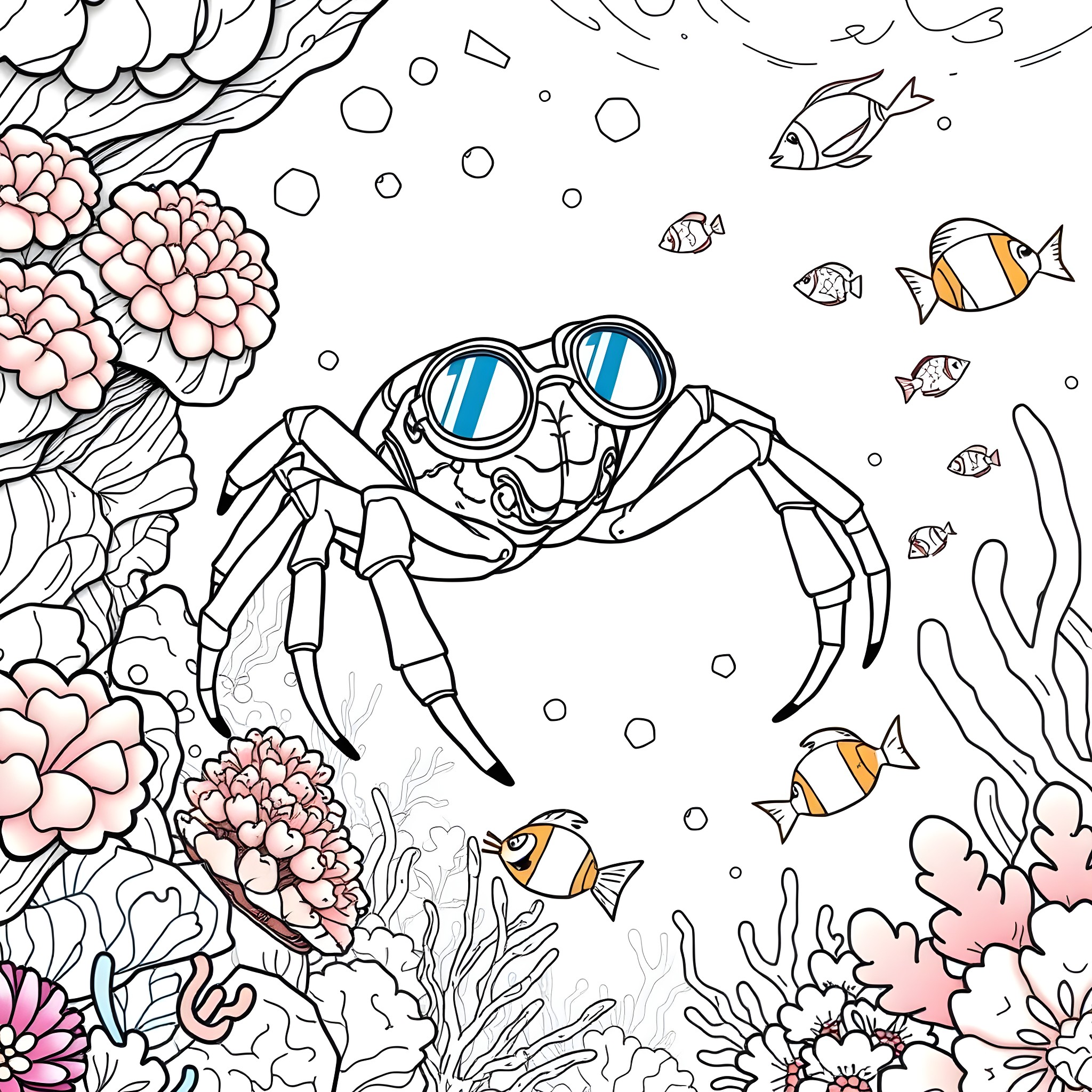 Spider exploring the underwater coral reef Coloring Page (free black-and-white line drawing printable PDF for all, from beginners to advanced learners, including children, teens, adults, and seniors)