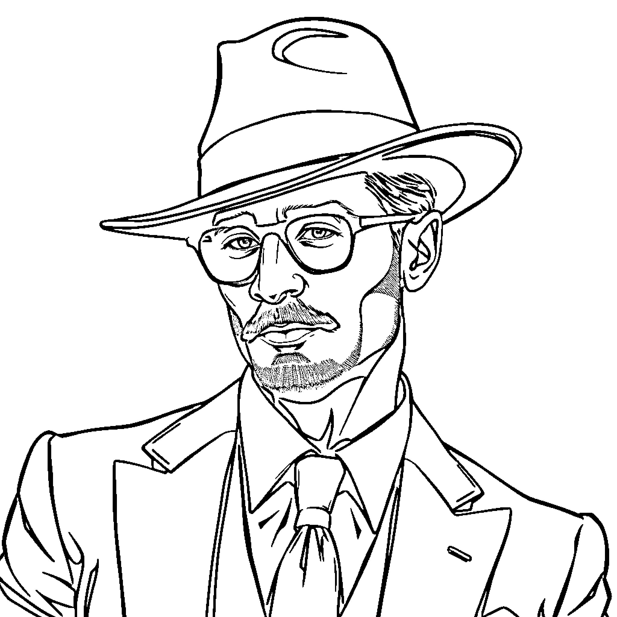 Dandy gentleman in hat and glasses Coloring Page (free black-and-white line drawing printable PDF for all, from beginners to advanced learners, including children, teens, adults, and seniors)