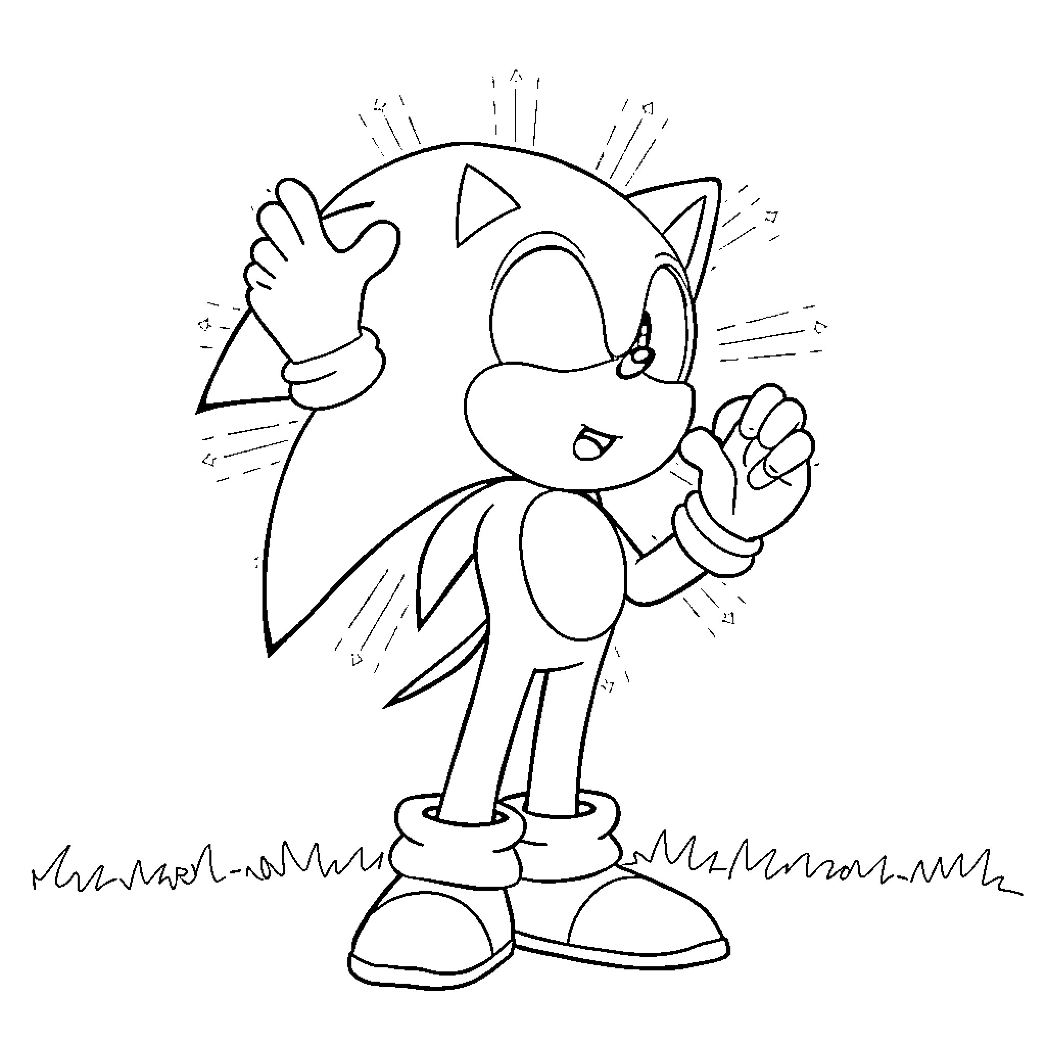 Sonic the Hedgehog striking a heroic pose Coloring Page (free black-and-white line drawing printable PDF for all, from beginners to advanced learners, including children, teens, adults, and seniors)