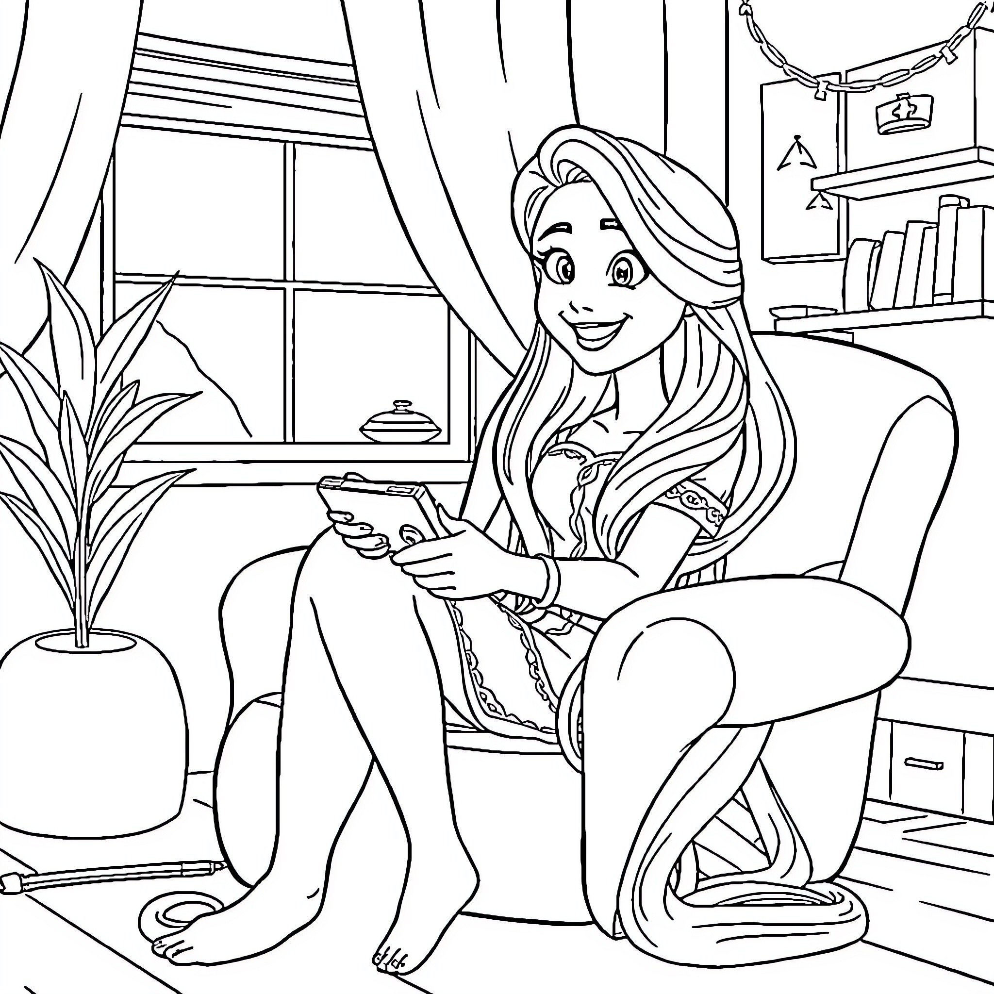 Rapunzel relaxing in her cozy room Coloring Page (free black-and-white line drawing printable PDF for all, from beginners to advanced learners, including children, teens, adults, and seniors)