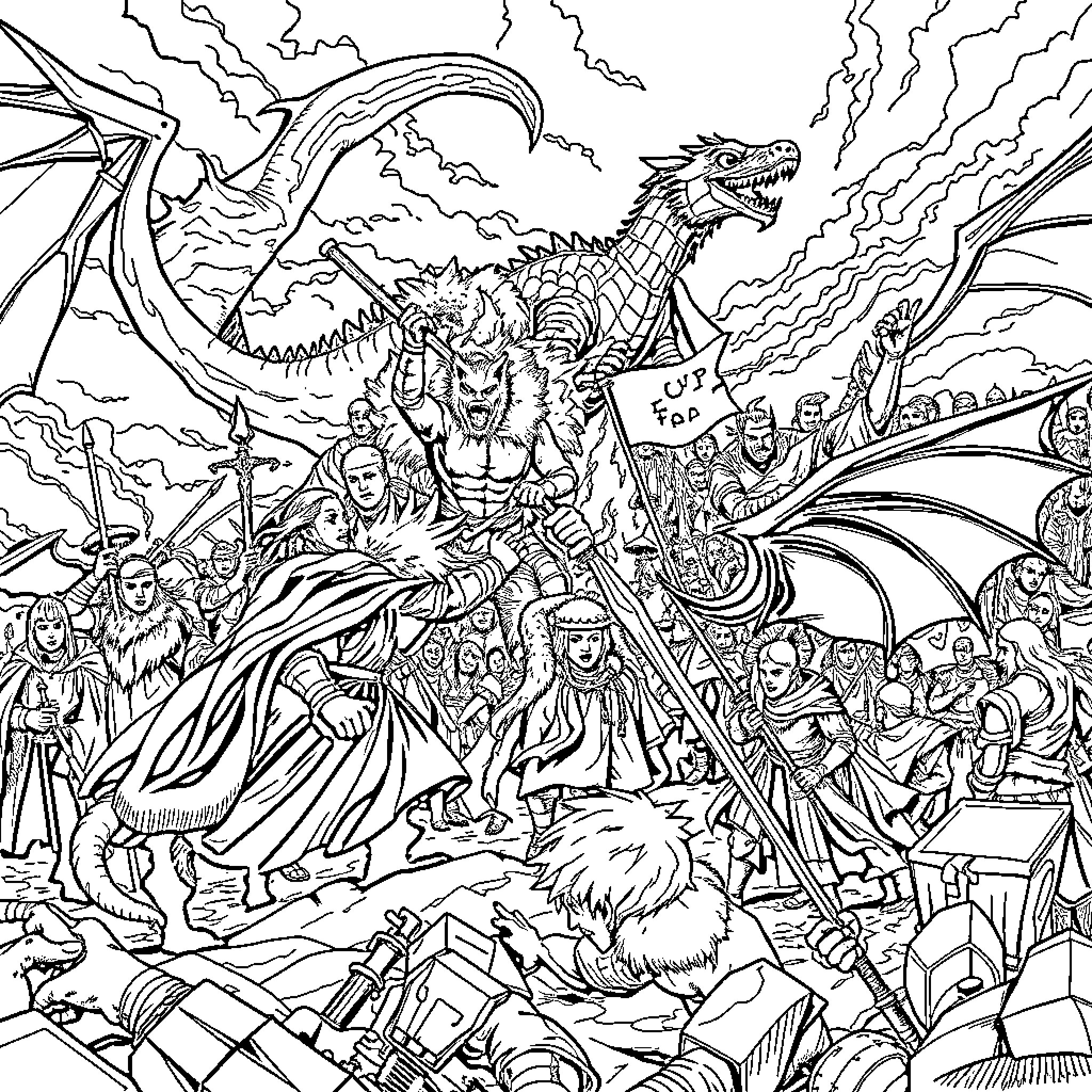 Game of Thrones: Mythical Creatures Unleash Chaos Coloring Page (free black-and-white line drawing printable PDF for all, from beginners to advanced learners, including children, teens, adults, and seniors)