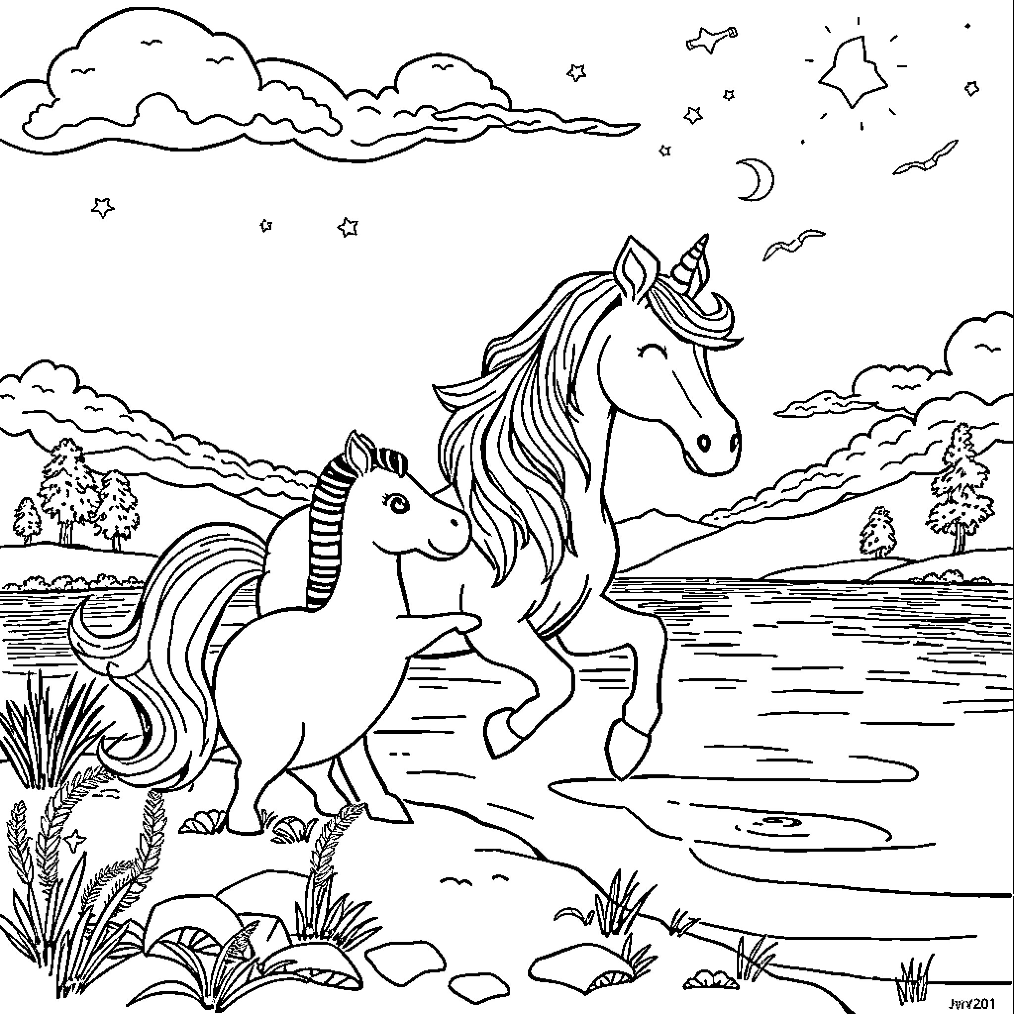 Unicorns frolicking in the enchanting landscape Coloring Page (free black-and-white line drawing printable PDF for all, from beginners to advanced learners, including children, teens, adults, and seniors)