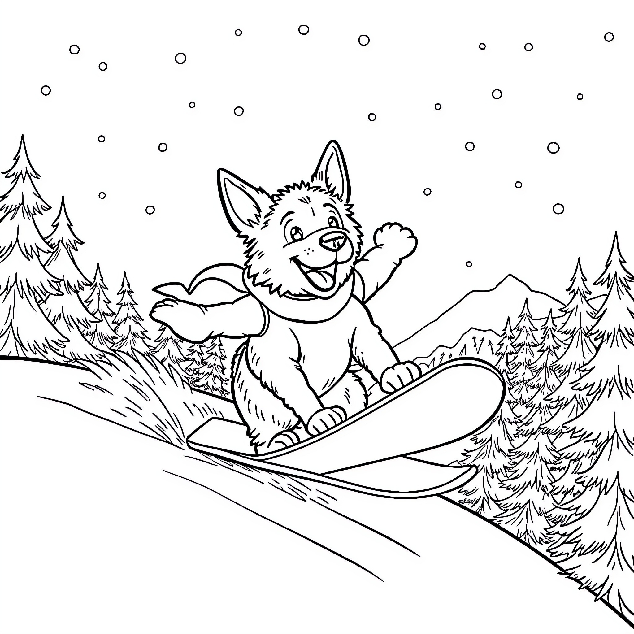Dog sledding through snowy winter landscape Coloring Page (free black-and-white line drawing printable PDF for all, from beginners to advanced learners, including children, teens, adults, and seniors)