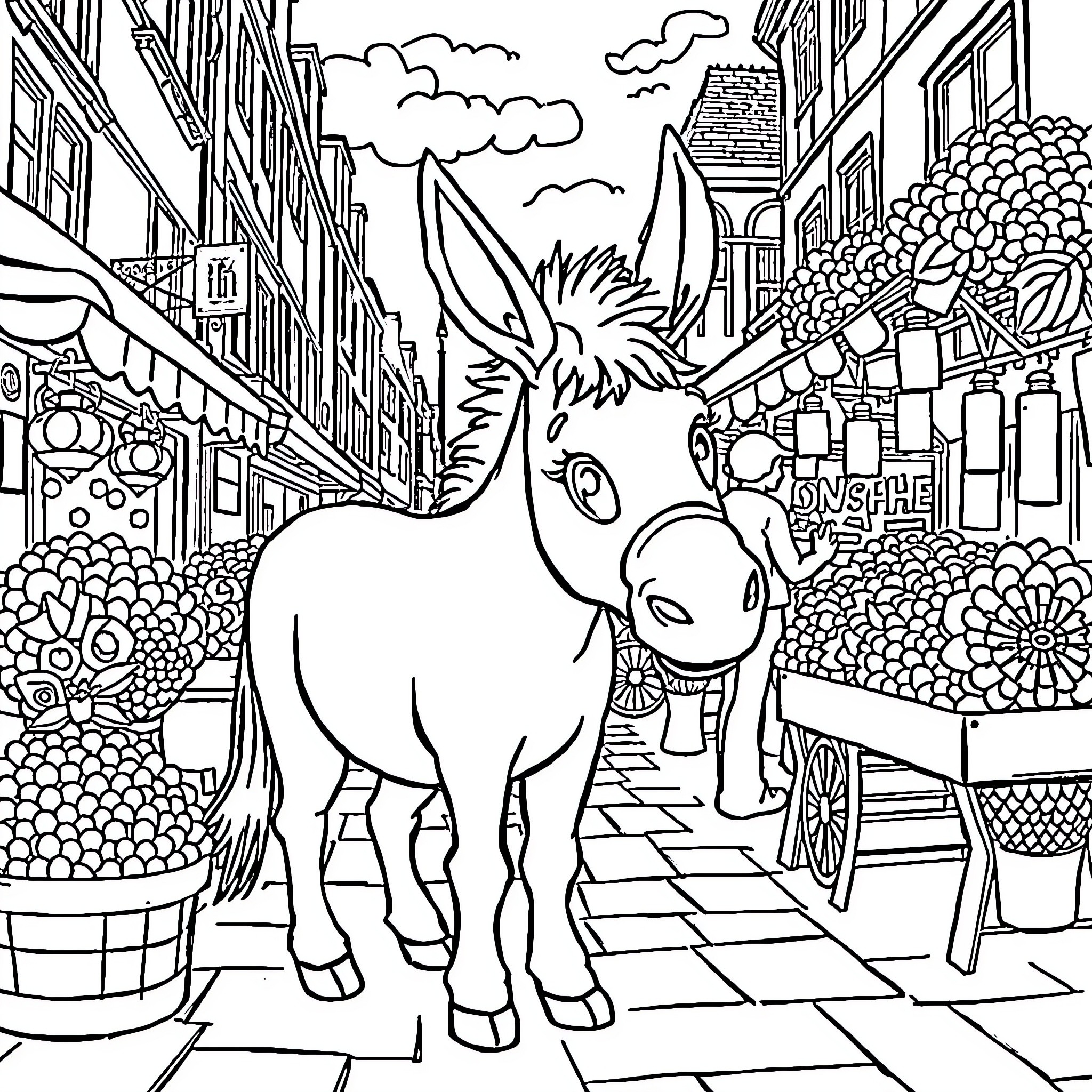 Ane the Donkey in a Vibrant Marketplace Coloring Page (free black-and-white line drawing printable PDF for all, from beginners to advanced learners, including children, teens, adults, and seniors)