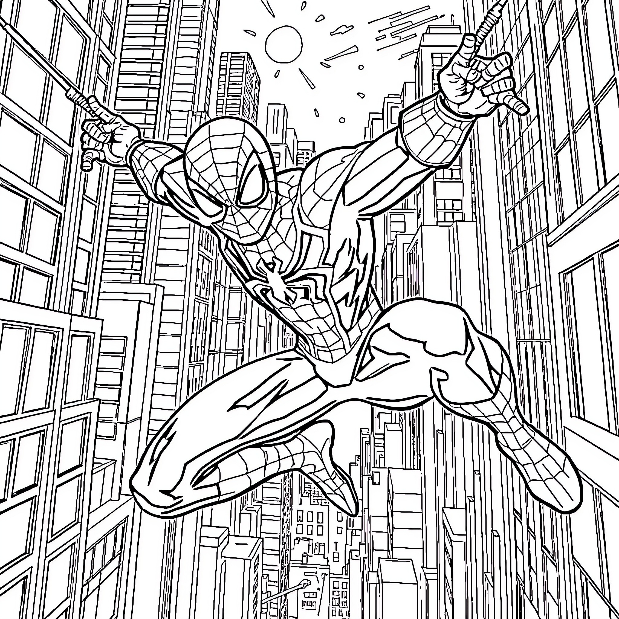 Spiderman swinging through the city skyline Coloring Page (free black-and-white line drawing printable PDF for all, from beginners to advanced learners, including children, teens, adults, and seniors)