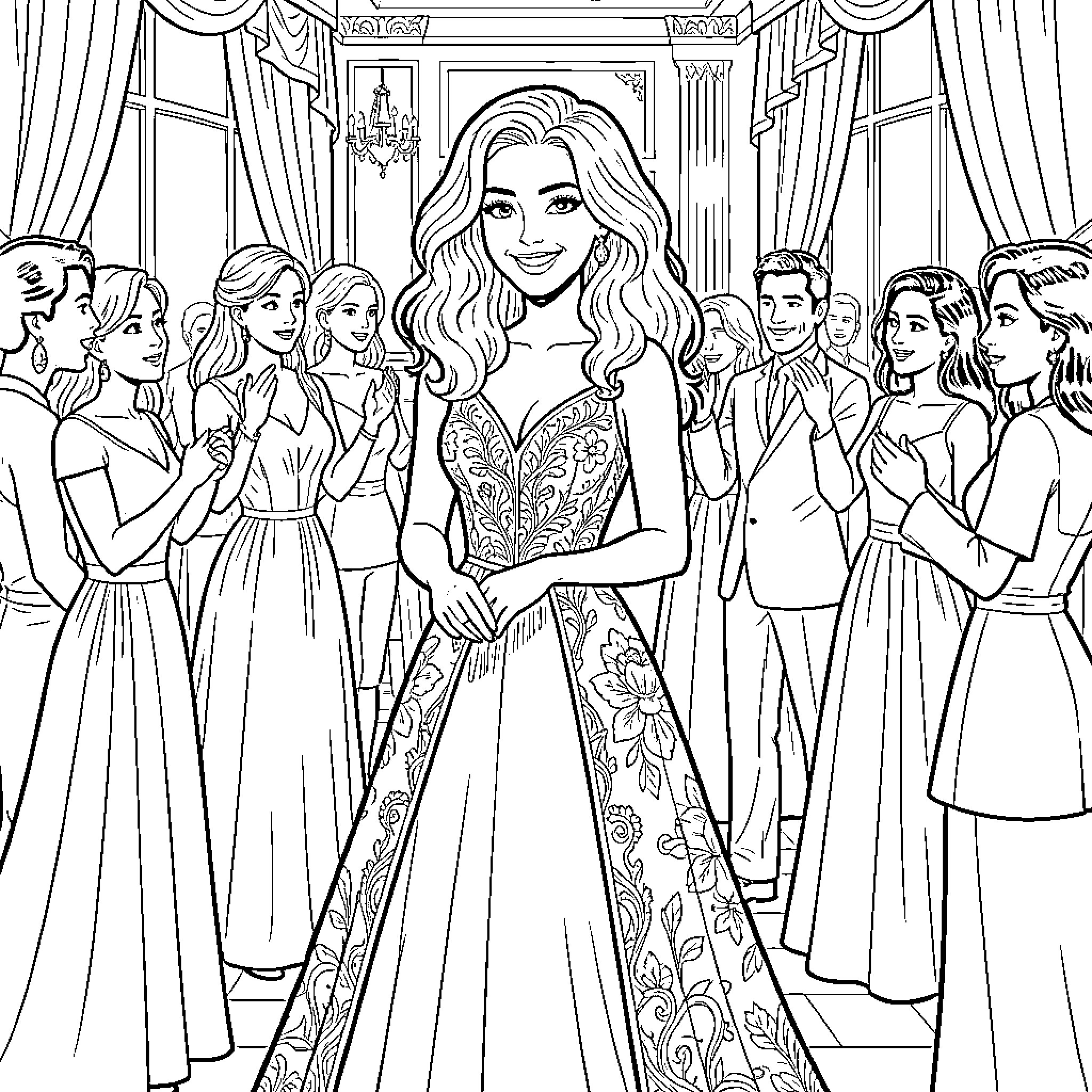 Woman at an elegant ball with guests Coloring Page (free black-and-white line drawing printable PDF for all, from beginners to advanced learners, including children, teens, adults, and seniors)