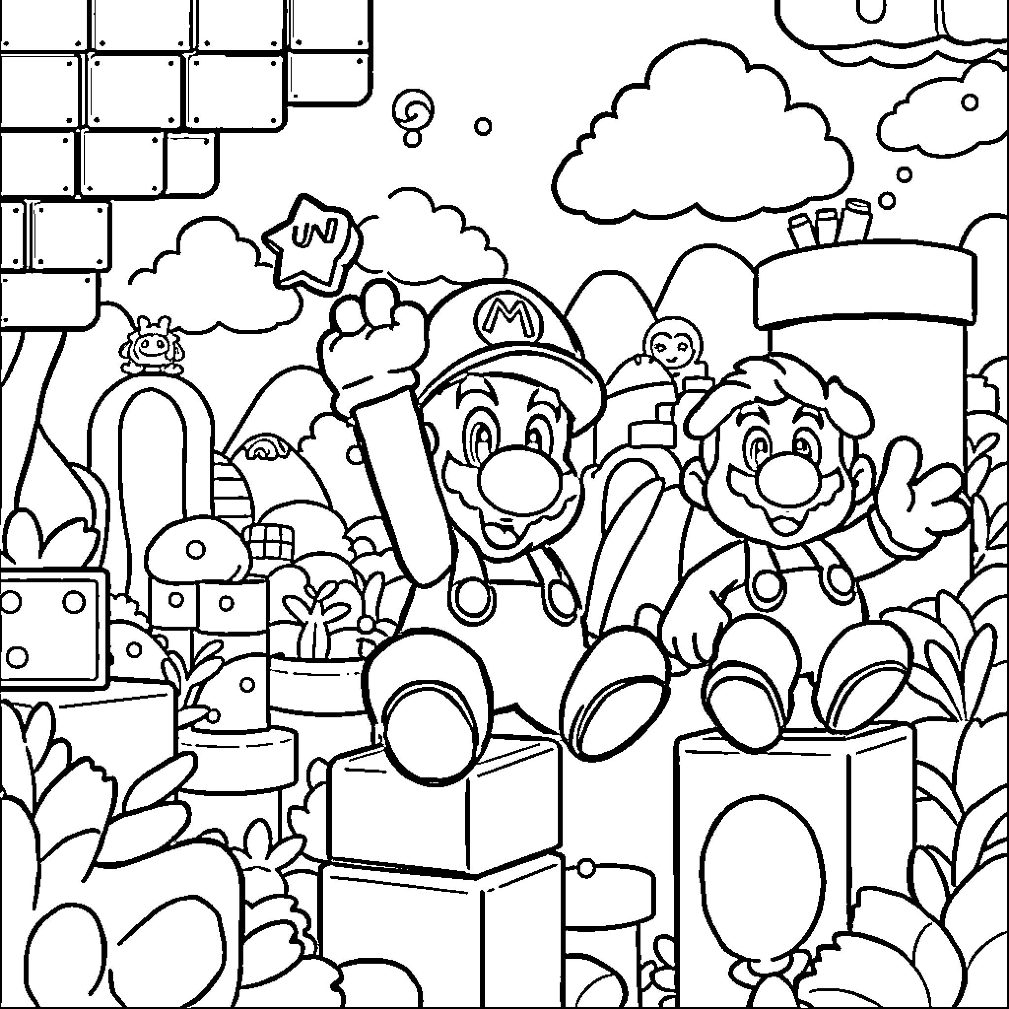 Super Mario and Friends Adventuring Through the Mushroom Kingdom Coloring Page (free black-and-white line drawing printable PDF for all, from beginners to advanced learners, including children, teens, adults, and seniors)