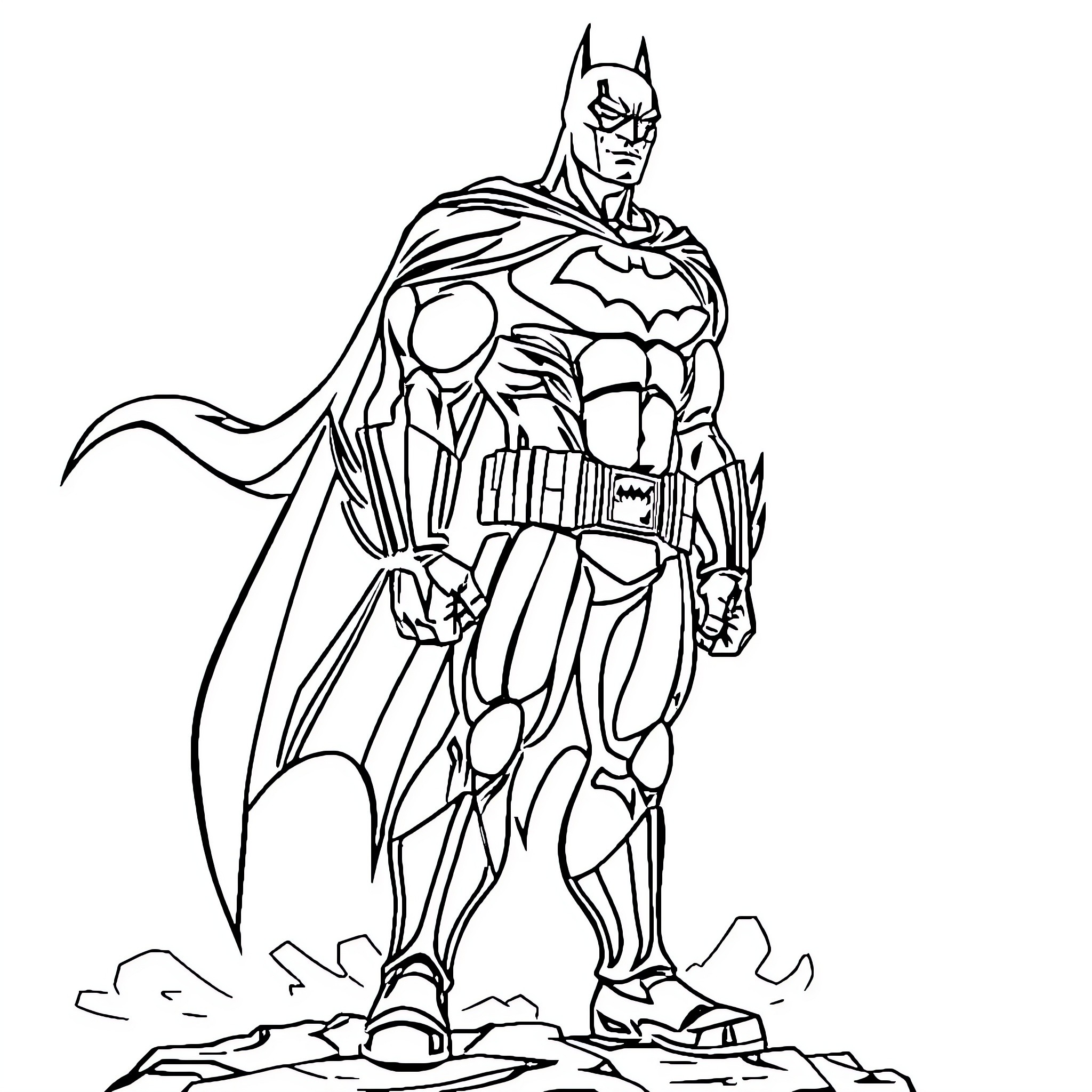Batman in a heroic stance with his iconic cape and utility belt Coloring Page (free black-and-white line drawing printable PDF for all, from beginners to advanced learners, including children, teens, adults, and seniors)