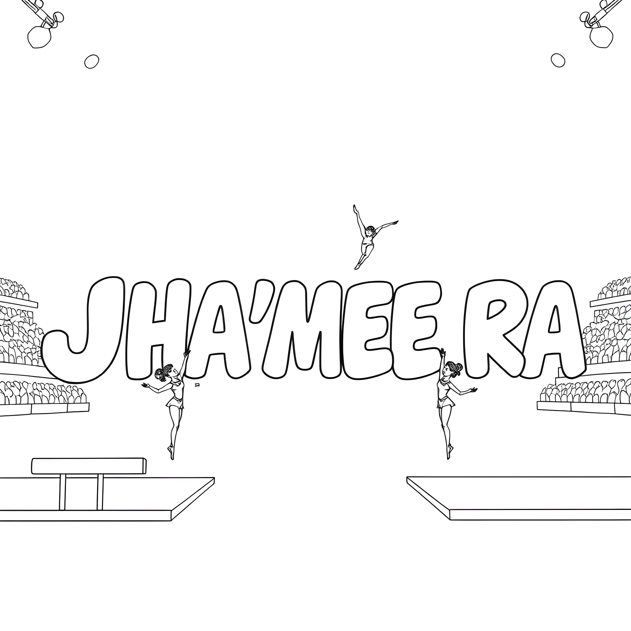 Jha'Meera's Graceful Gymnastic Performances Coloring Page (free black-and-white line drawing printable PDF for all, from beginners to advanced learners, including children, teens, adults, and seniors)