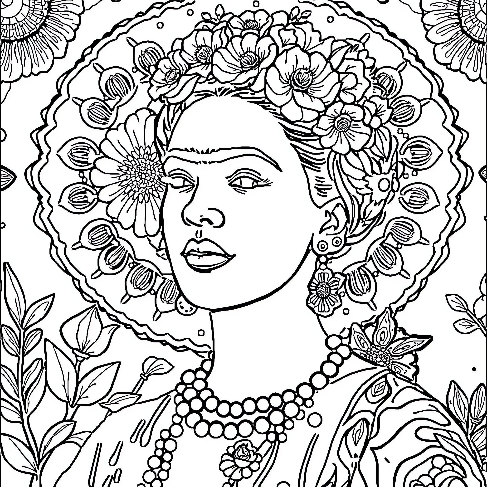 Frida Kahlo surrounded by vibrant floral arrangements Coloring Page (free black-and-white line drawing printable PDF for all, from beginners to advanced learners, including children, teens, adults, and seniors)