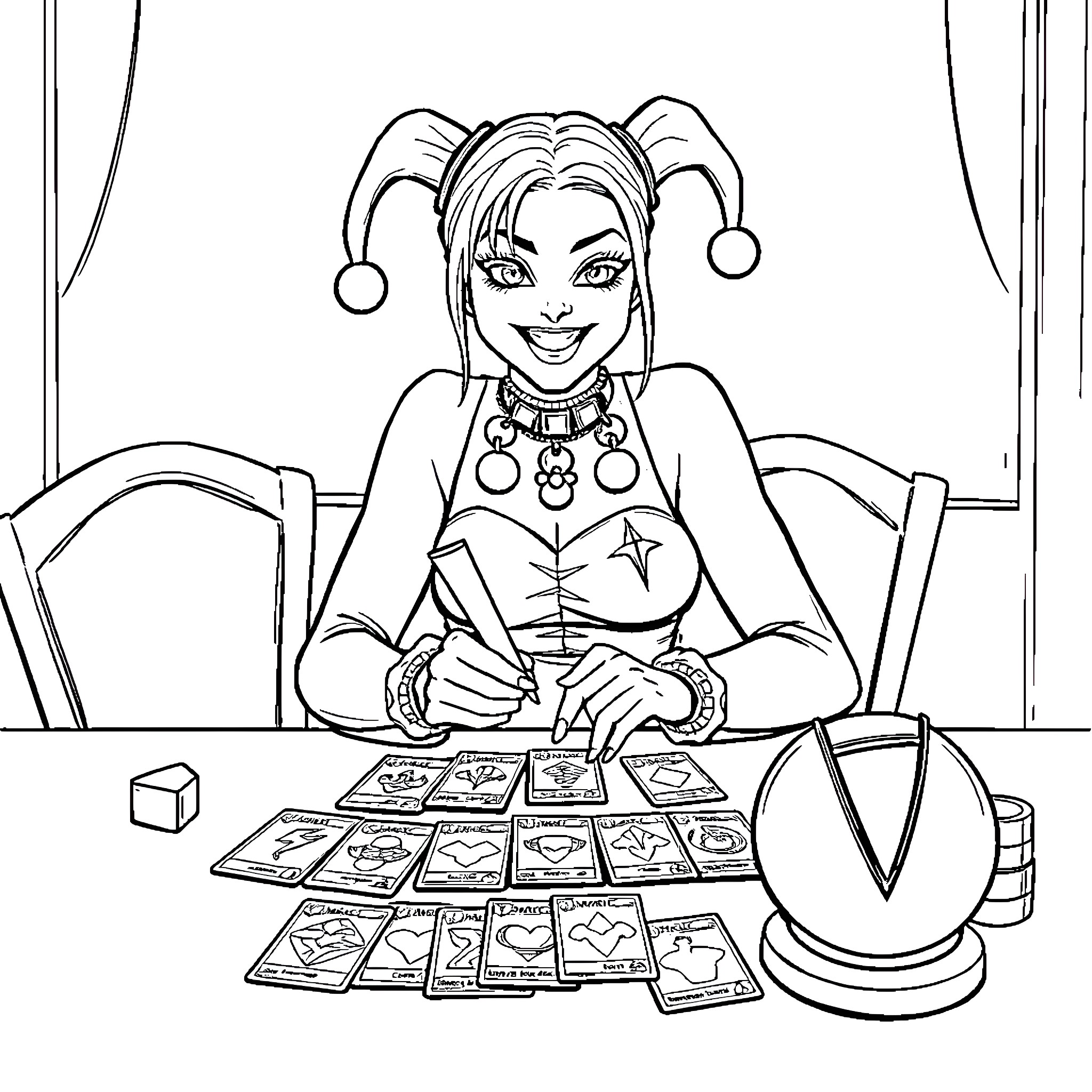 Harley Quinn playing with tarot cards Coloring Page (free black-and-white line drawing printable PDF for all, from beginners to advanced learners, including children, teens, adults, and seniors)