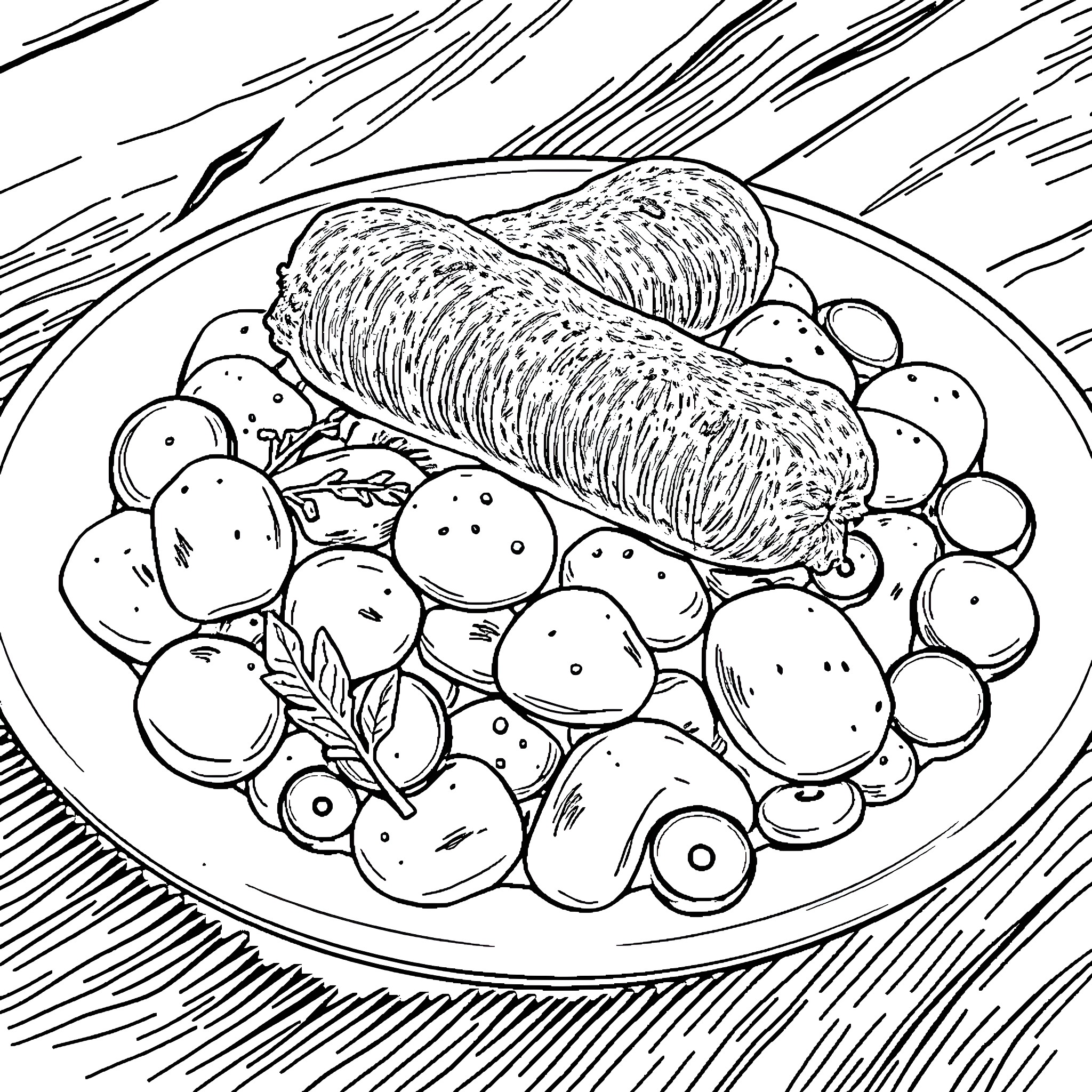 Gnocchi Dish with Assorted Ingredients Coloring Page (free black-and-white line drawing printable PDF for all, from beginners to advanced learners, including children, teens, adults, and seniors)