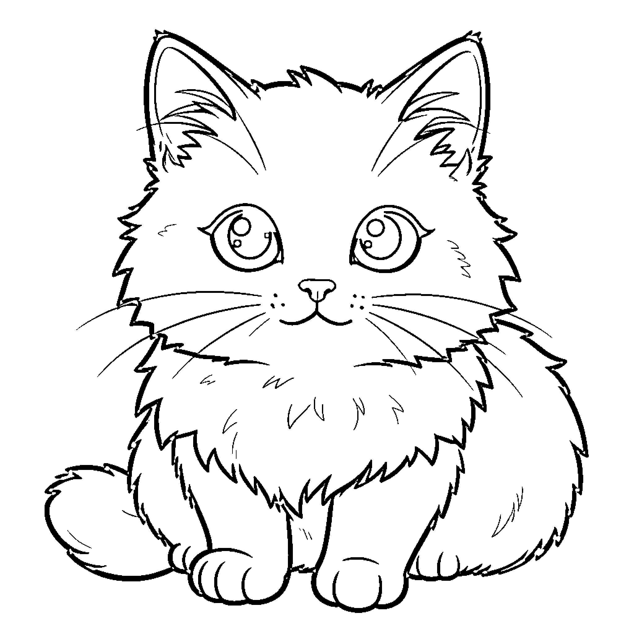 Cat with curious expression and fluffy appearance Coloring Page (free black-and-white line drawing printable PDF for all, from beginners to advanced learners, including children, teens, adults, and seniors)