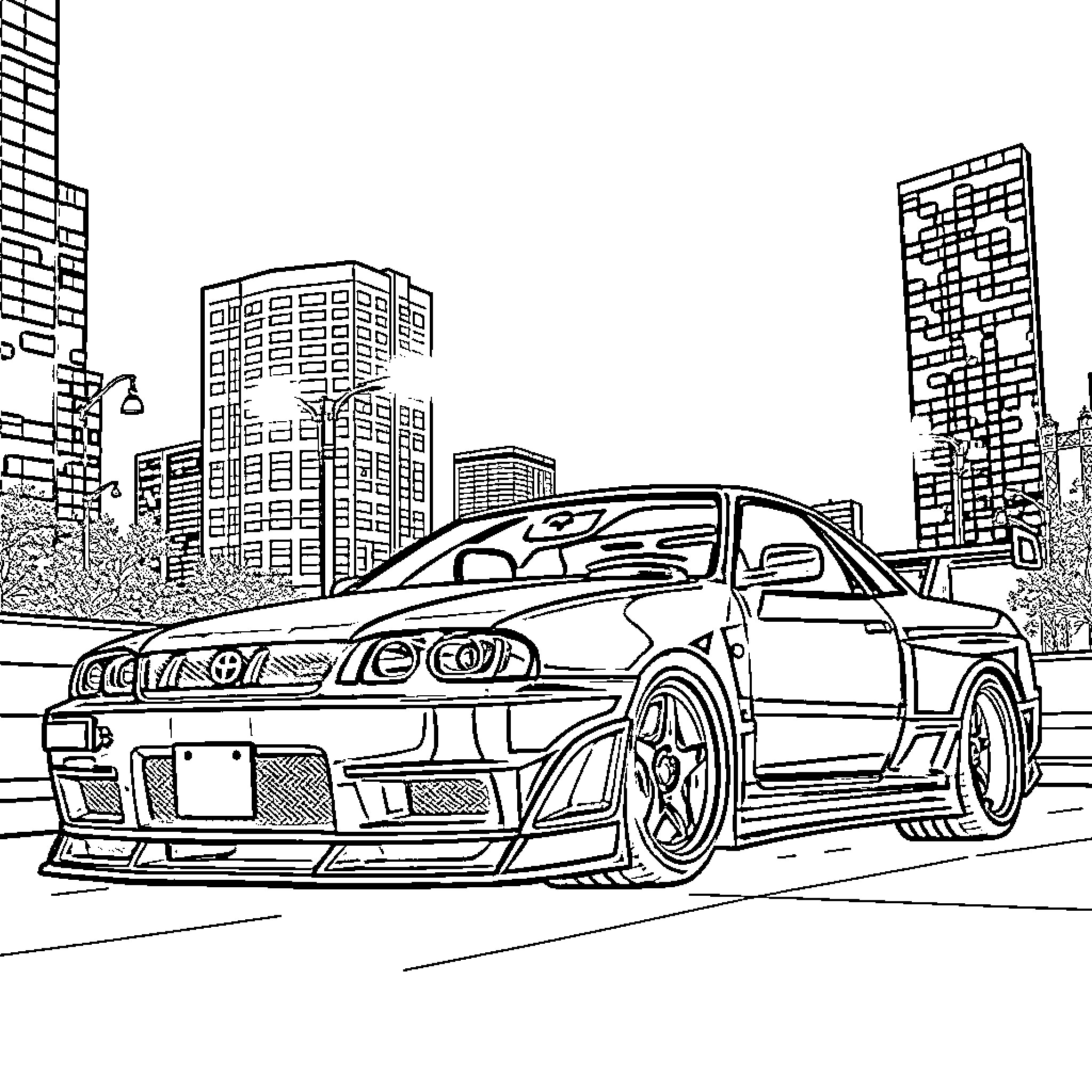 Skyline with a high-performance sports car on the road Coloring Page (free black-and-white line drawing printable PDF for all, from beginners to advanced learners, including children, teens, adults, and seniors)