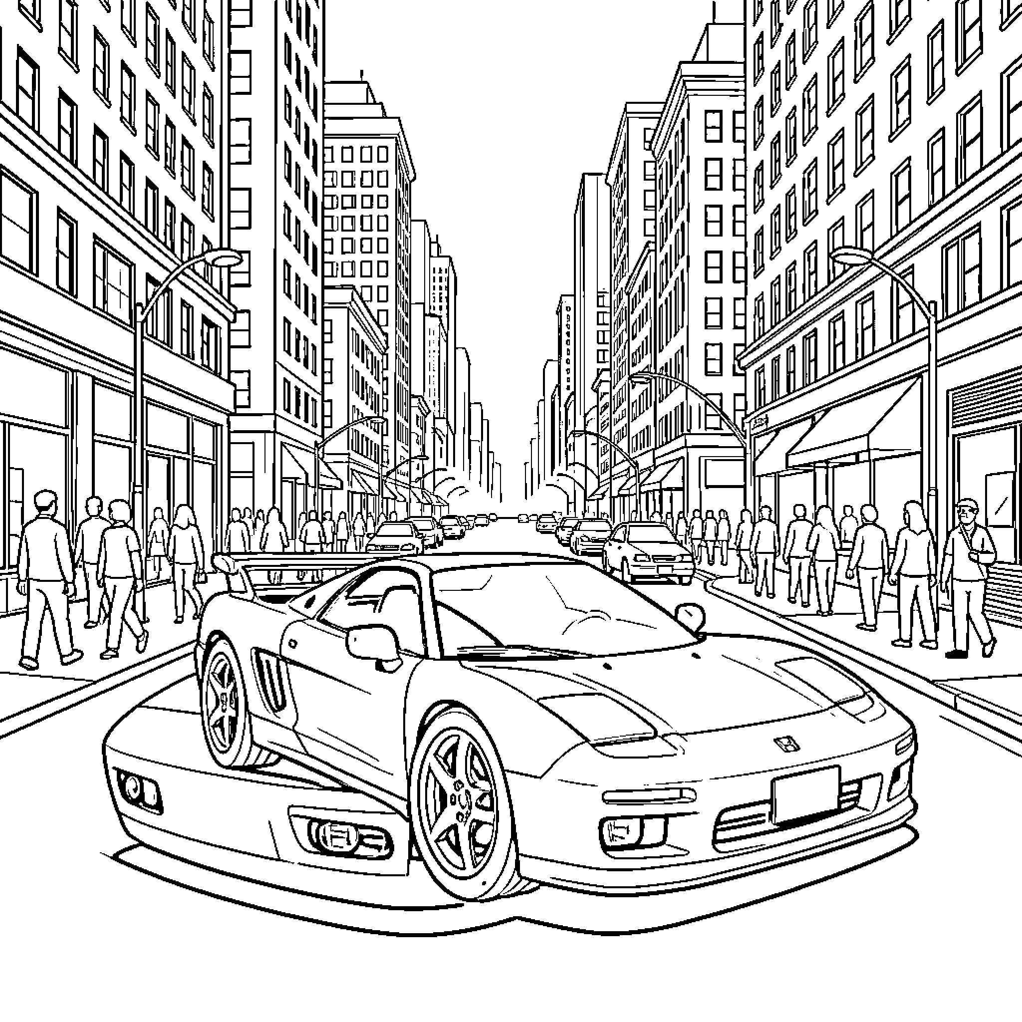 Honda NSX driving through a busy city street Coloring Page (free black-and-white line drawing printable PDF for all, from beginners to advanced learners, including children, teens, adults, and seniors)