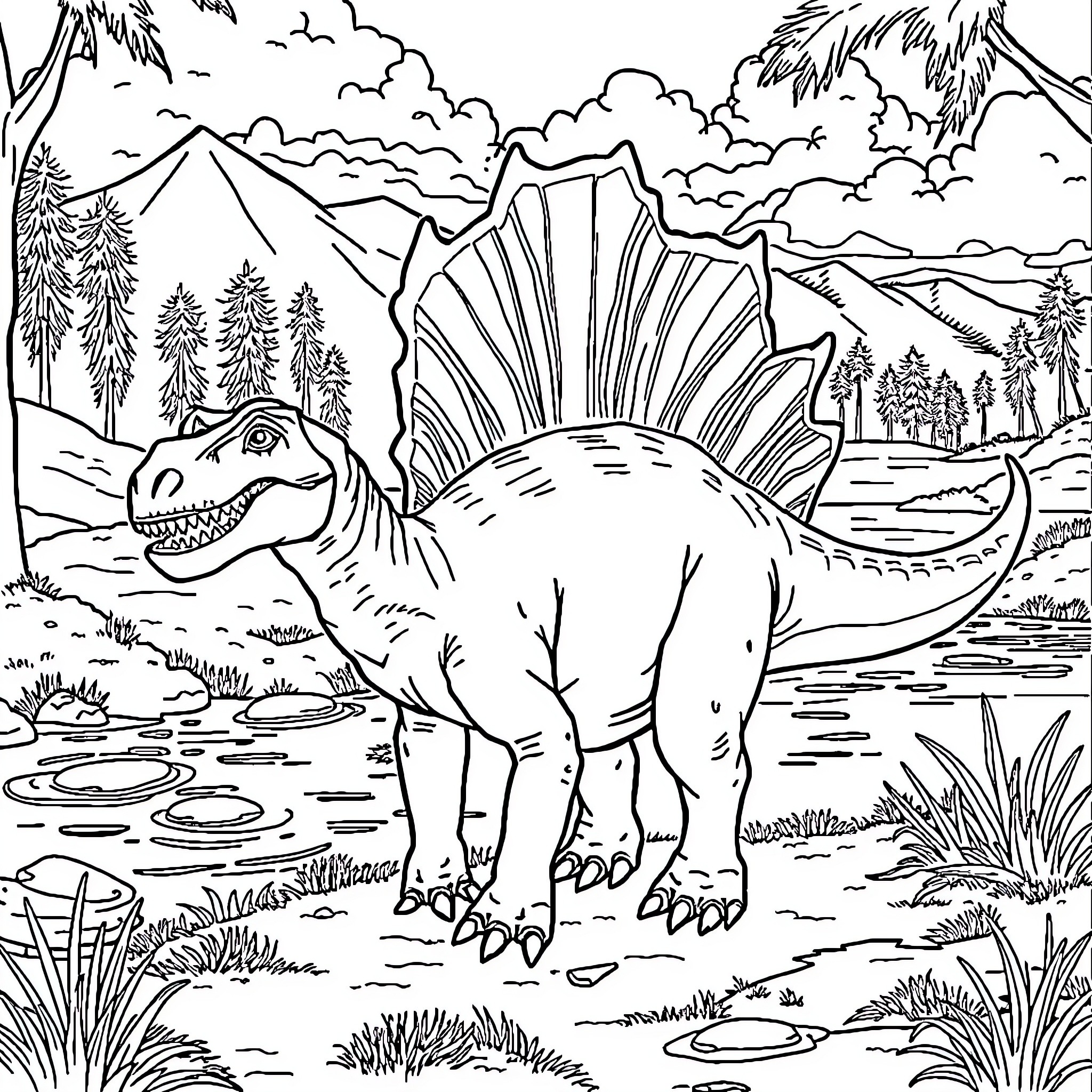 Spinosaur exploring the prehistoric landscape Coloring Page (free black-and-white line drawing printable PDF for all, from beginners to advanced learners, including children, teens, adults, and seniors)