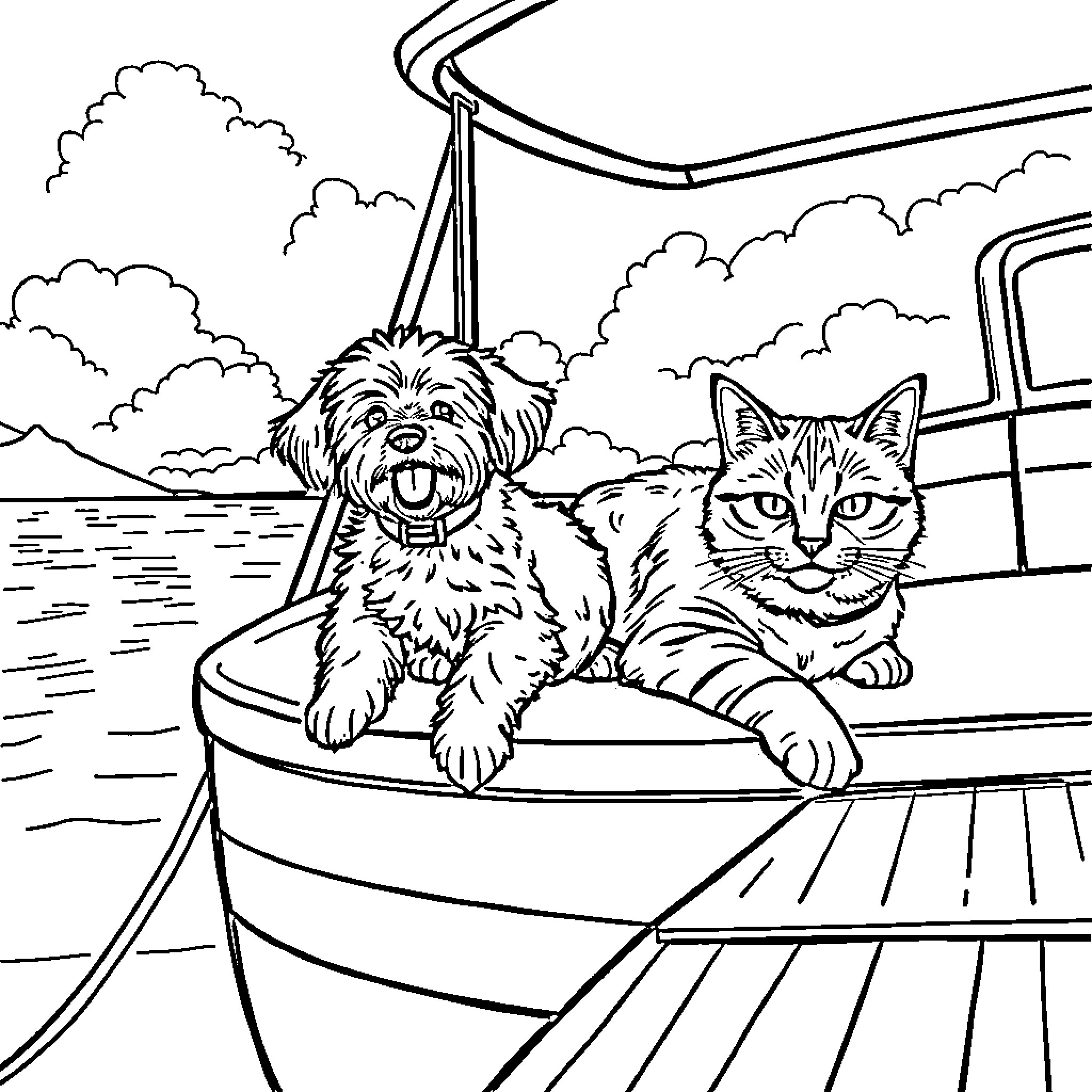 Bichon and Cat Enjoying Boat Ride in Nature Coloring Page (free black-and-white line drawing printable PDF for all, from beginners to advanced learners, including children, teens, adults, and seniors)