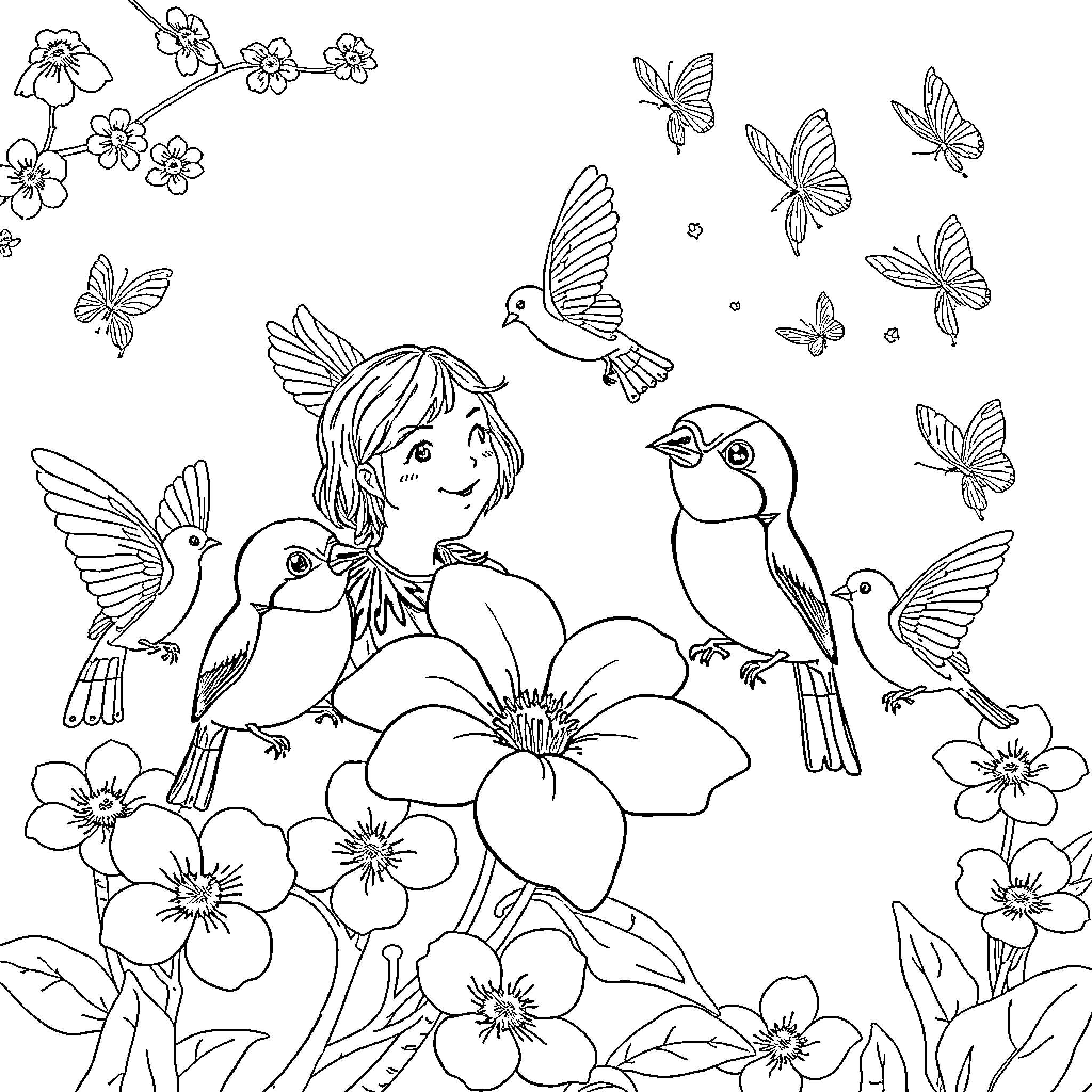 Meerschweinchen playing with birds and butterflies in a flower garden Coloring Page (free black-and-white line drawing printable PDF for all, from beginners to advanced learners, including children, teens, adults, and seniors)