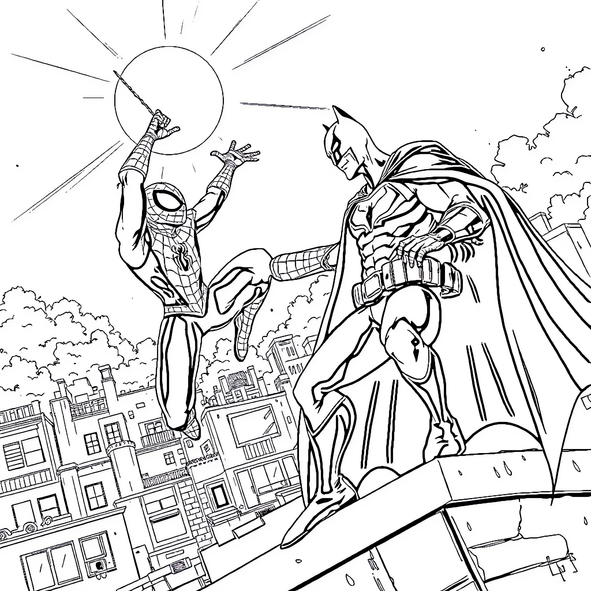 Spiderman and Batman in epic superhero battle Coloring Page (free black-and-white line drawing printable PDF for all, from beginners to advanced learners, including children, teens, adults, and seniors)