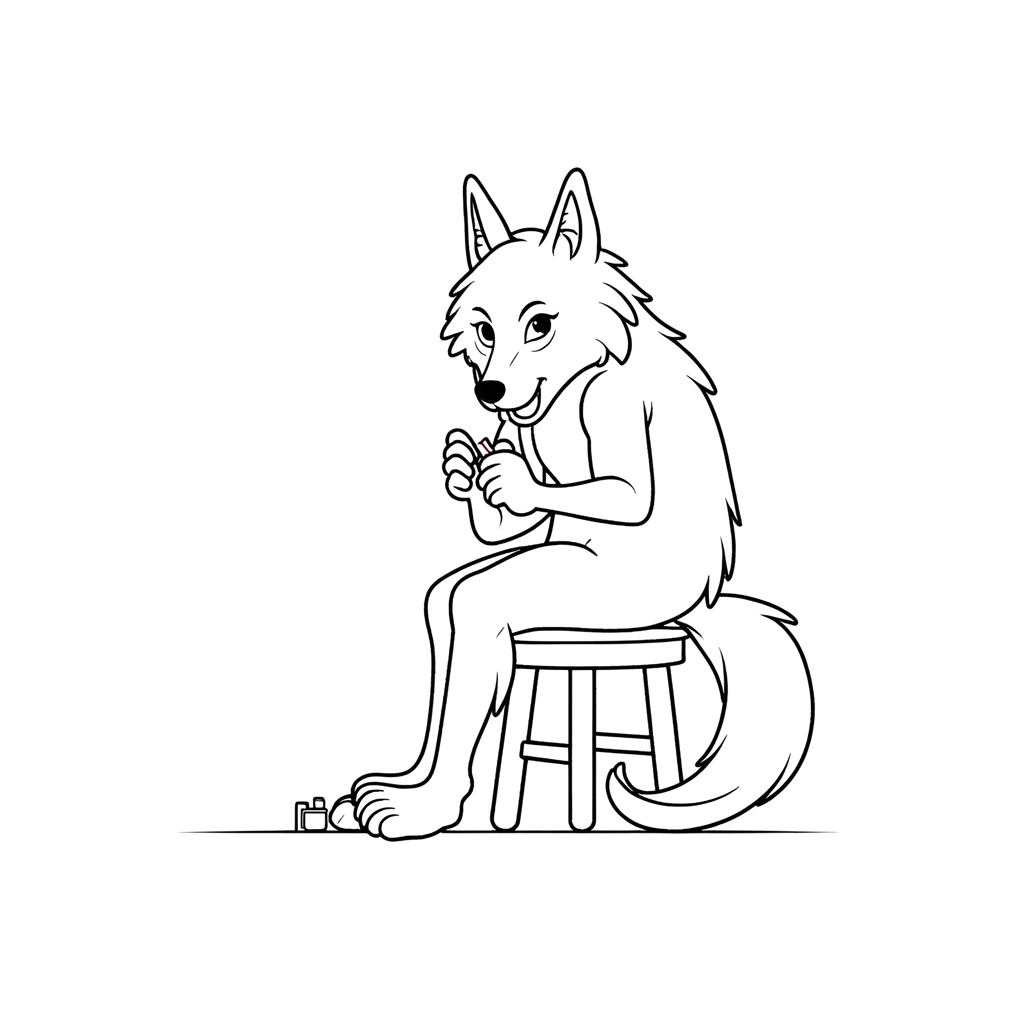 Werewolf sitting on a stool, scratching Coloring Page (free black-and-white line drawing printable PDF for all, from beginners to advanced learners, including children, teens, adults, and seniors)